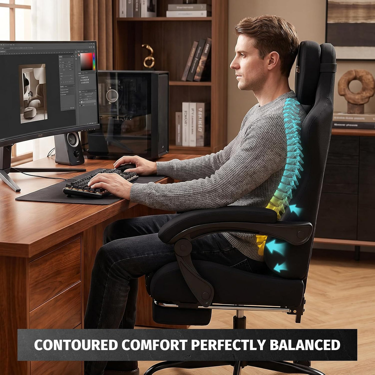 Honeycomb Embossed Gaming Chair with Footrest & Massage Lumbar Support, Adjustable Ergonomic Office Chair for Adults, 300 lbs (Black)