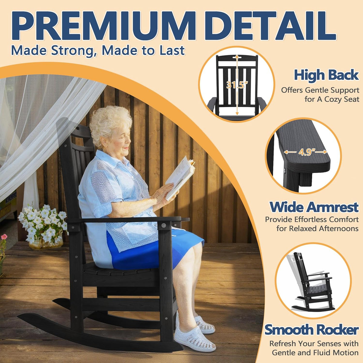 Outdoor Rocking Chair Oversized of 2 & Side Table Set, HDPE All Weather Resistant Patio Rocker, 31.5" High Back 21.5" Deep Seat Porch Chairs Set for Lawn Garden Deck Balcony 400lbs Capacity(Black)