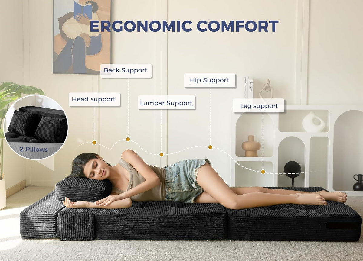 MAXYOYO Convertible Sofa Bed, Fold Out Sofa Couch with Pillow for Adults | Loveseat Sofa 4 in 1 Tufted Folding Couch Bed Foam Floor Couch, Lazy Chair for Living Room Bedroom Guest Room, Black