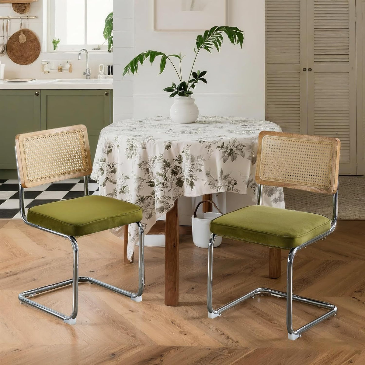 Velvet Dining Chairs Set of 2 Handwoven Rattan Back Upholstered Seat&Chrome Base Mid Century Kitchen Chair,for Dining Room,Living Room,Bedroom,Olive Green