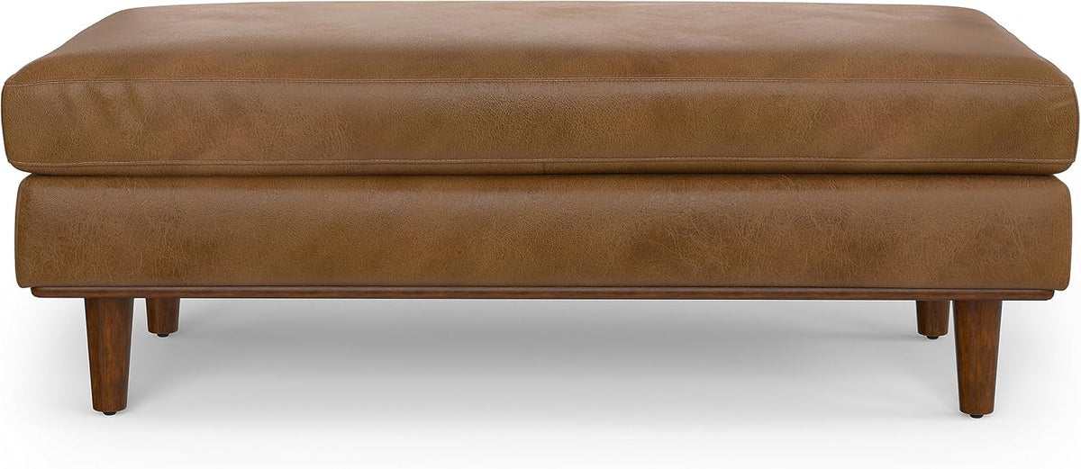 SIMPLIHOME Morrison 49" Wide Genuine Leather Rectangle Ottoman in Caramel | Caramel brown, mid-century modern ottoman with a cushioned top for extra seating, coffee table or footrest.