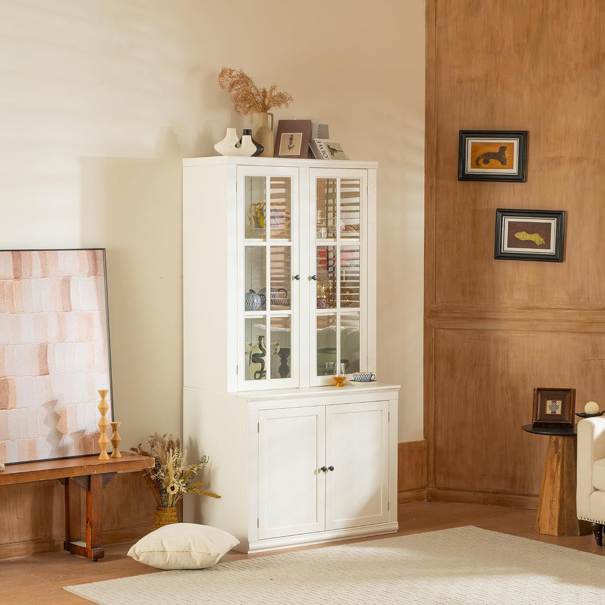 roomfitters 75.25'' Pantry Cabinet with Glass Door, Farmhouse Hutch Display Cabinet with Storage for Kitchen and Living Room, White