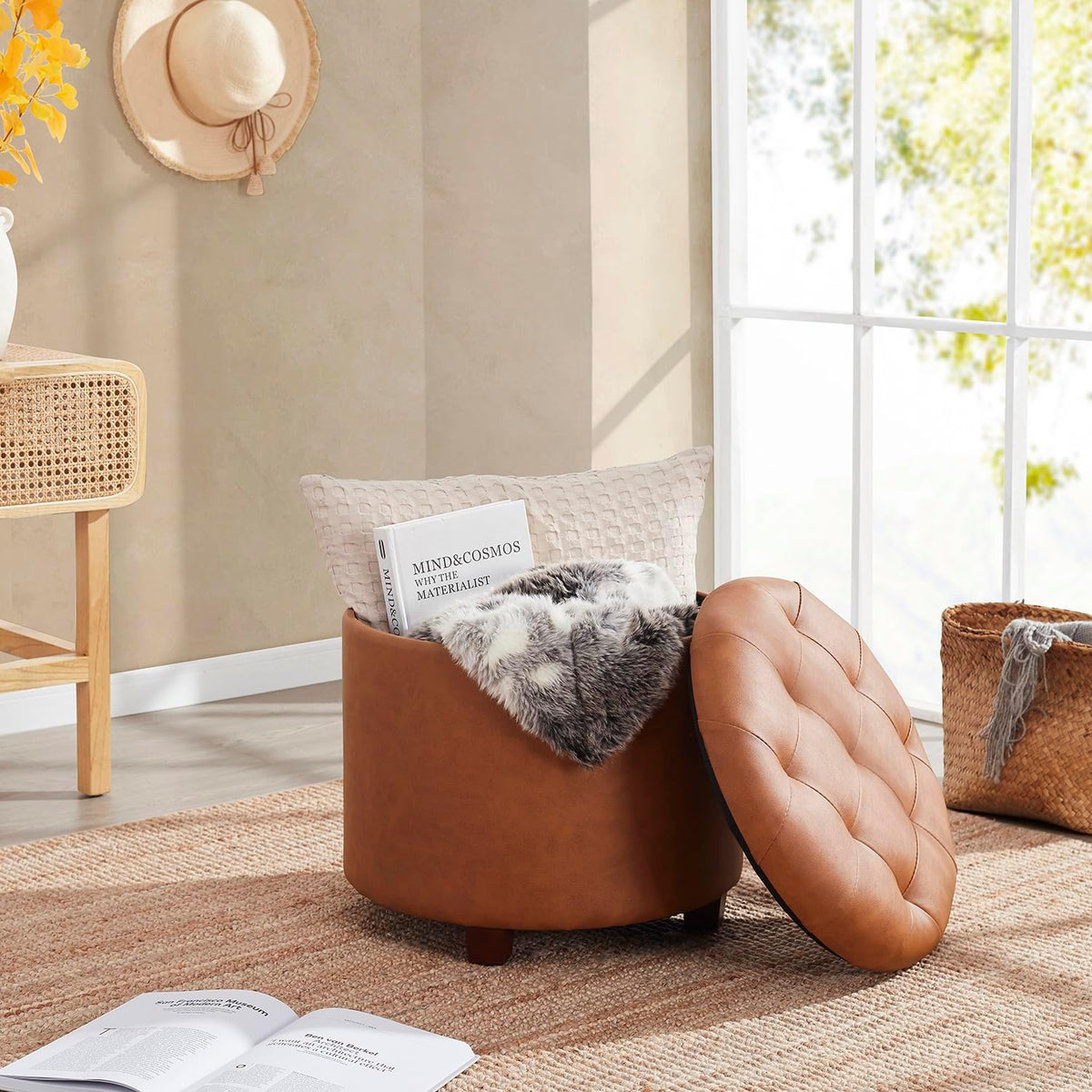 Ornavo Home 18" Round Storage Ottoman with Lid, Holds 300 lbs, Cognac | Faux Leather Tufted Fabric; Foot Rest Stool & Vanity Chair For Living Room, Bedroom Or Entryway