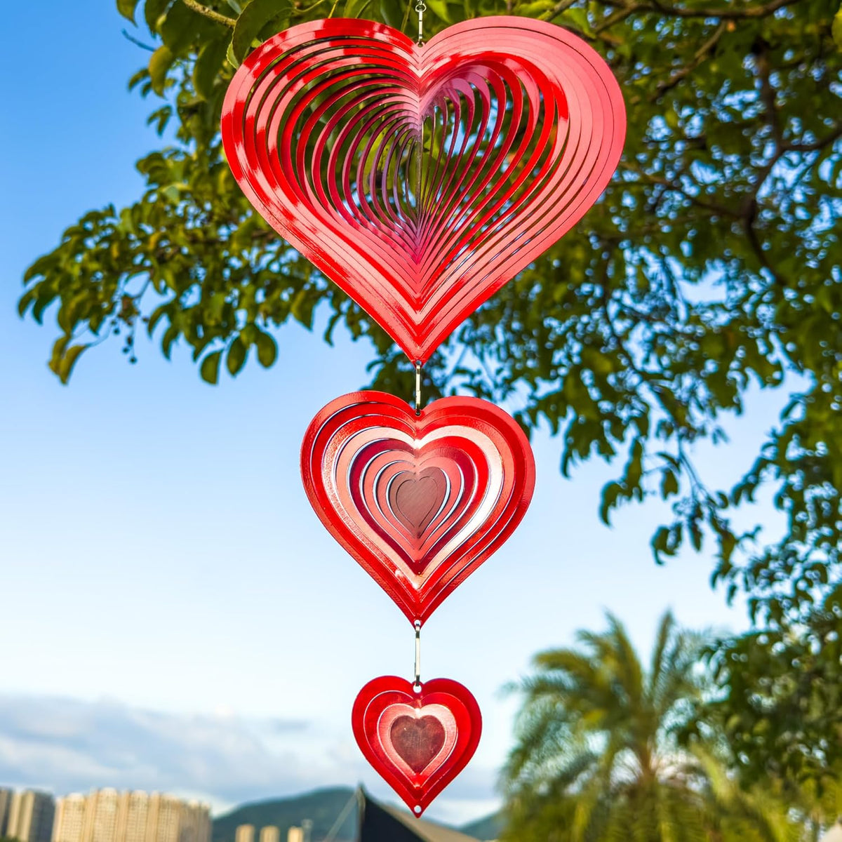Wind Spinners Outdoor, 3D Red Hearts Hanging Wind Spinners, 14 inches, Kinetic, Stainless-Steel Metal, Smooth Spinning, Indoor and Outdoor Decoration for Garden, Patio, Yard, Gift for Women Mom Wife