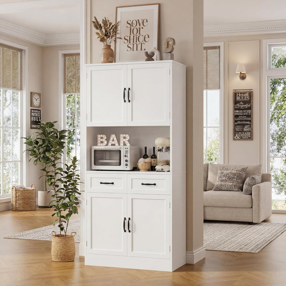 HOSTACK 71" Tall Kitchen Pantry Storage Cabinet, Wood Kitchen Hutch, White | Modern Pantry Cabinet with Microwave Stand, Hutch Cabinet with Countertop & Drawers, Storage Cabinet for Living Room