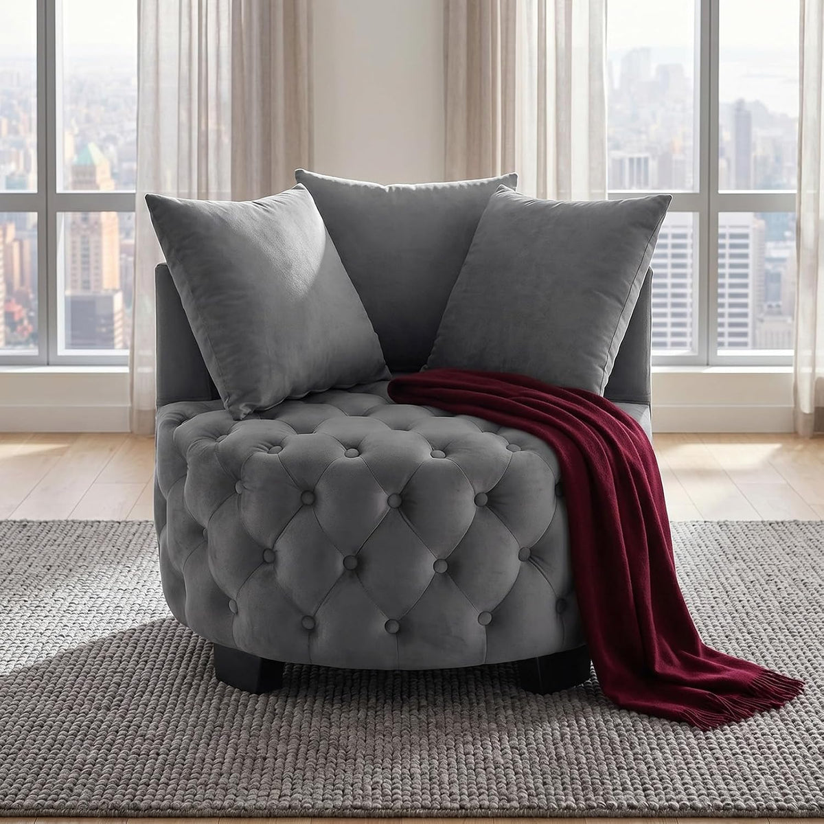 Upholstered Tufted Accent Barrel Chair with 3 Pillows, Contemporary Round Lounge Club Sofa Chair, Leisure Armchair for Living Room Hotel Bedroom, Dark Gray Velvet