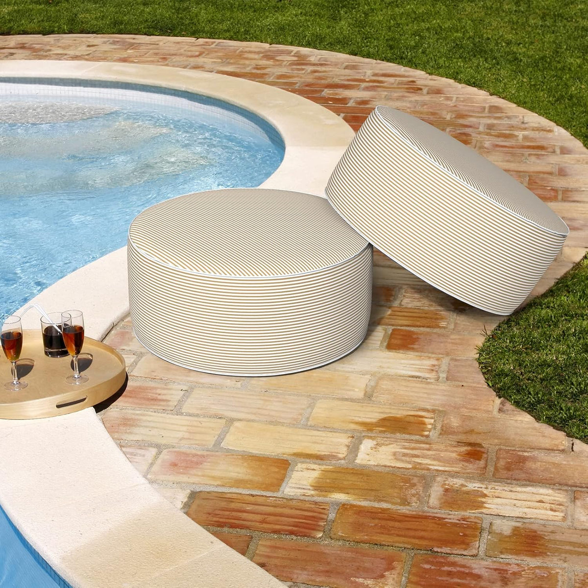 Inflatable Stool Ottoman, Footrest Ottoman with Handle, Outdoor or Indoor Round Portable Stool for Patio Home Decoration, 21x9 Inch, Stripe Beige