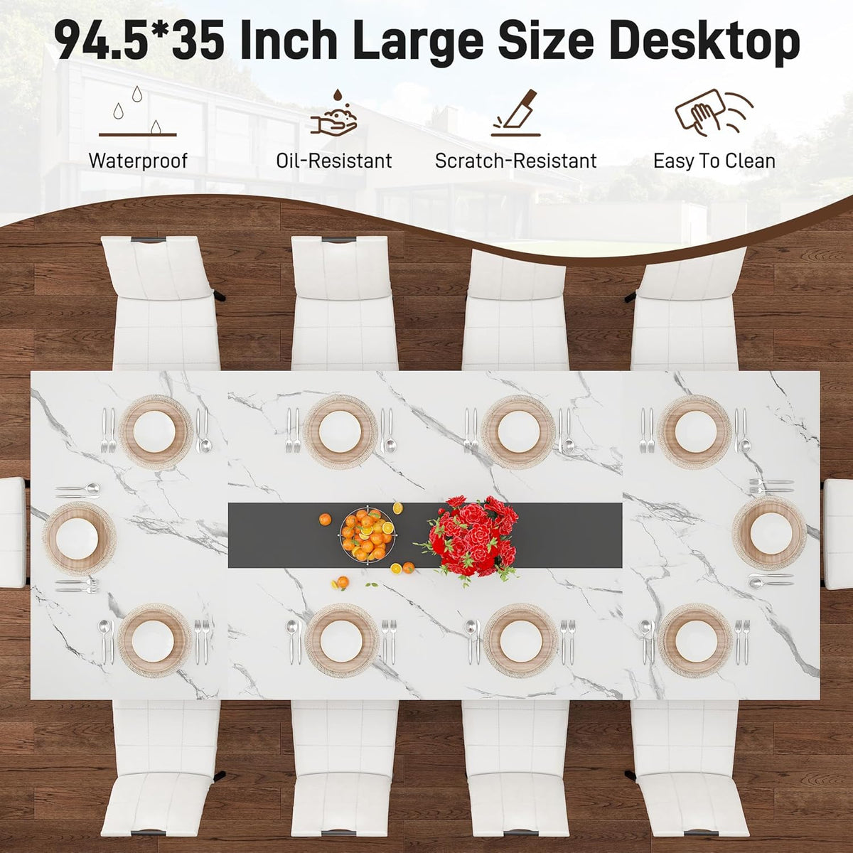 chartustriable Dining Table for 8-10 People,94" Large Modern Kitchen Table W/Built-in Table Runner Design,White&Black Industrial Rectangular Dinner Table,Waterproof Wood Table Sturdy Base,280lbs Load