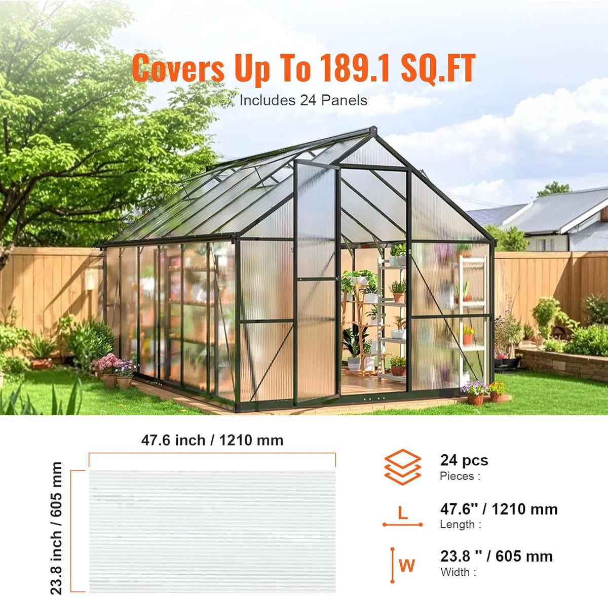 VEVOR 24 Pack Polycarbonate Greenhouse Panels, 2' X 4' X 0.16'' Roof Panels Sheets, Waterproof UV Protected Corrugated Plastic Roofing, Impact Resistance Clear Roofing Sheets for Greenhouse/Garden