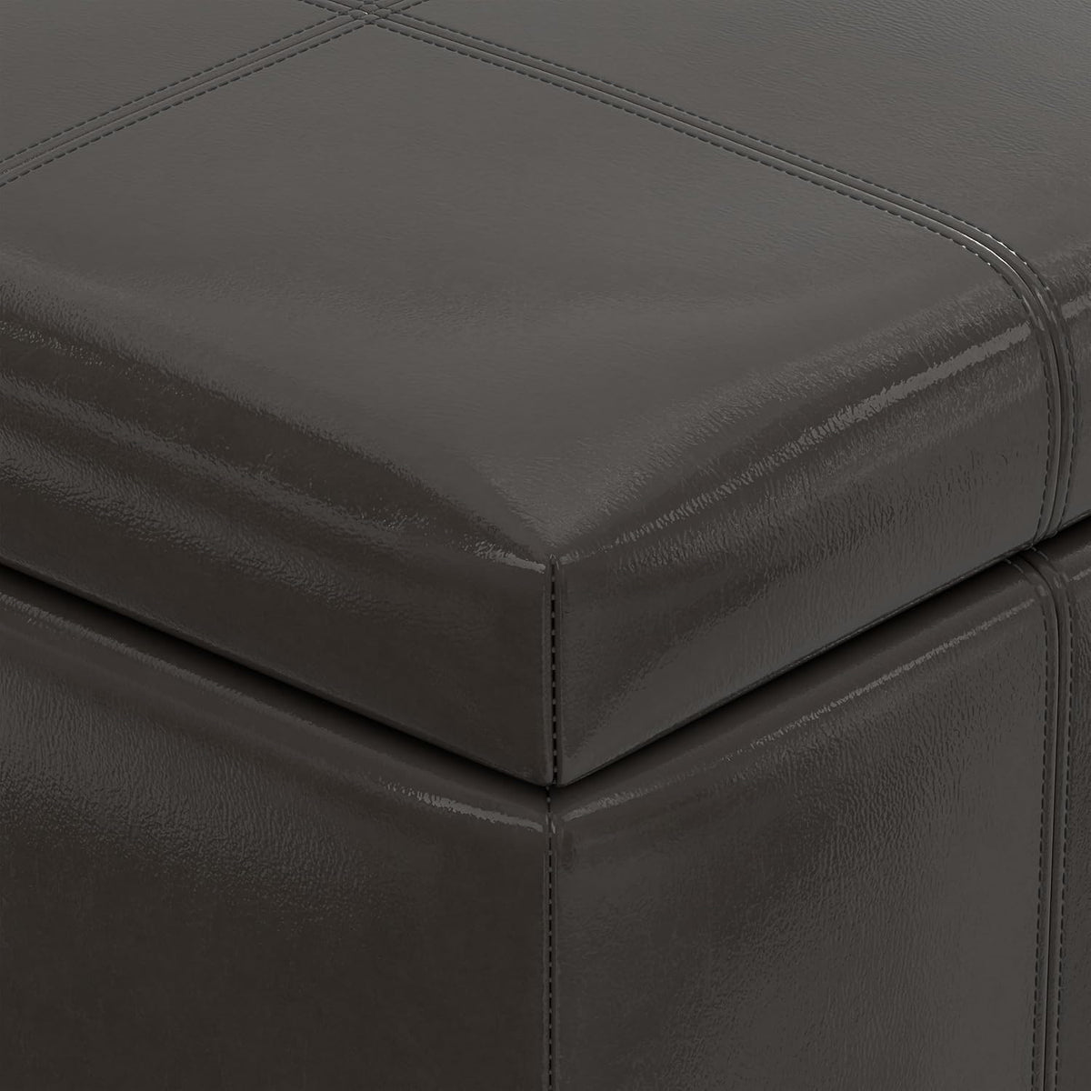 SIMPLIHOME Dover 36" Wide Vegan Leather Storage Ottoman in Tanners Brown | Contemporary ottoman with lift-top and safety hinges; upholstered rectangle storage bench for living room and entryway.
