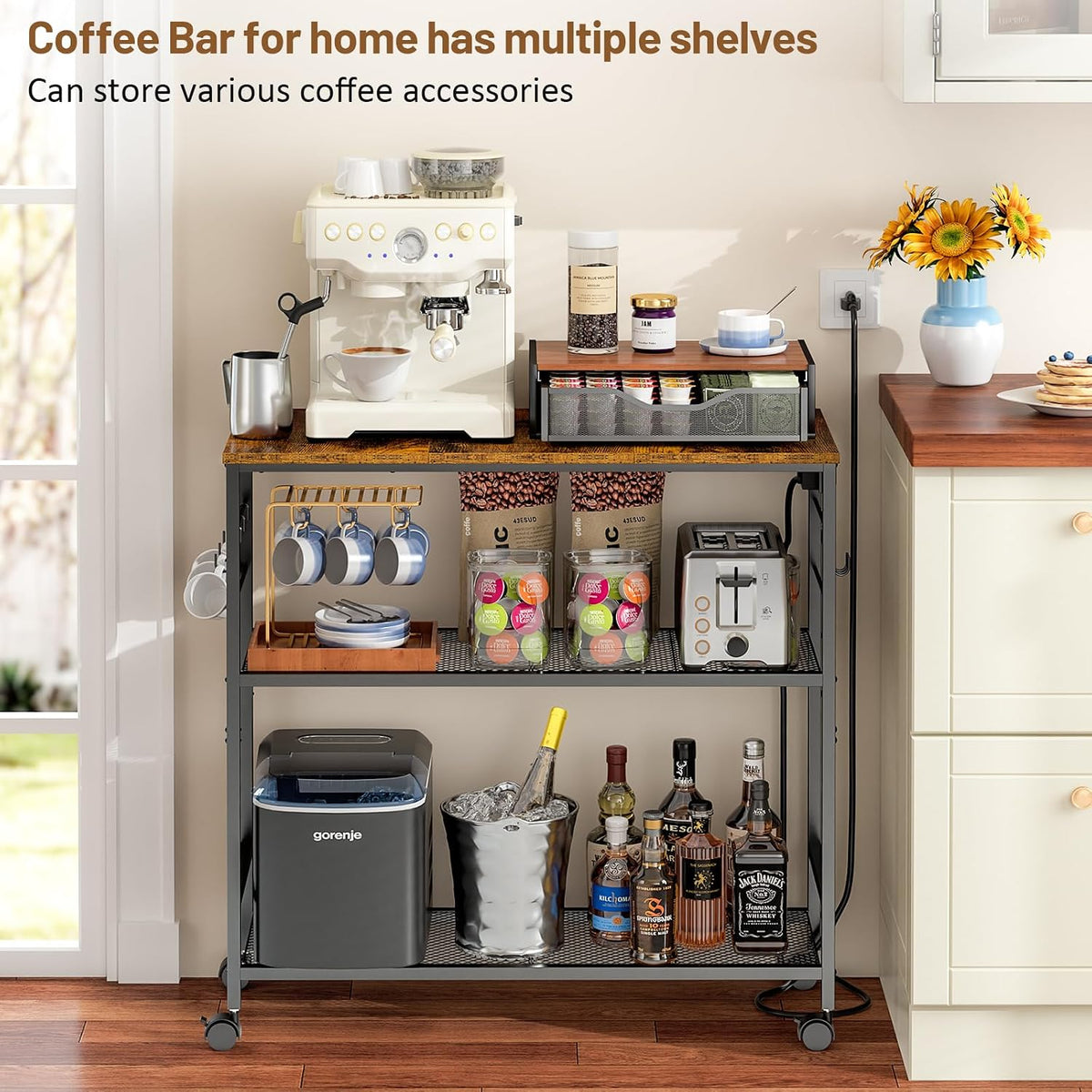 3 Tier Rolling Kitchen Microwave Cart with Power Outlet, 33 Inch Microwave Table Stand with Adjustable Shelf, Kitchen Storage Island Utility Cart Bakers Rack Coffee Bar for Living Room, Office