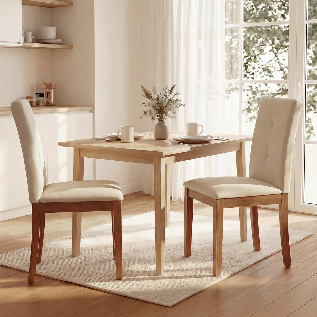 LSSBOUGHT Upholstered Kitchen & Dining Room Chairs with High Back, Linen Fabric Armless Dining Chairs with Solid Wood Legs for Dining Room and Kitchen (Beige, Set of 6)
