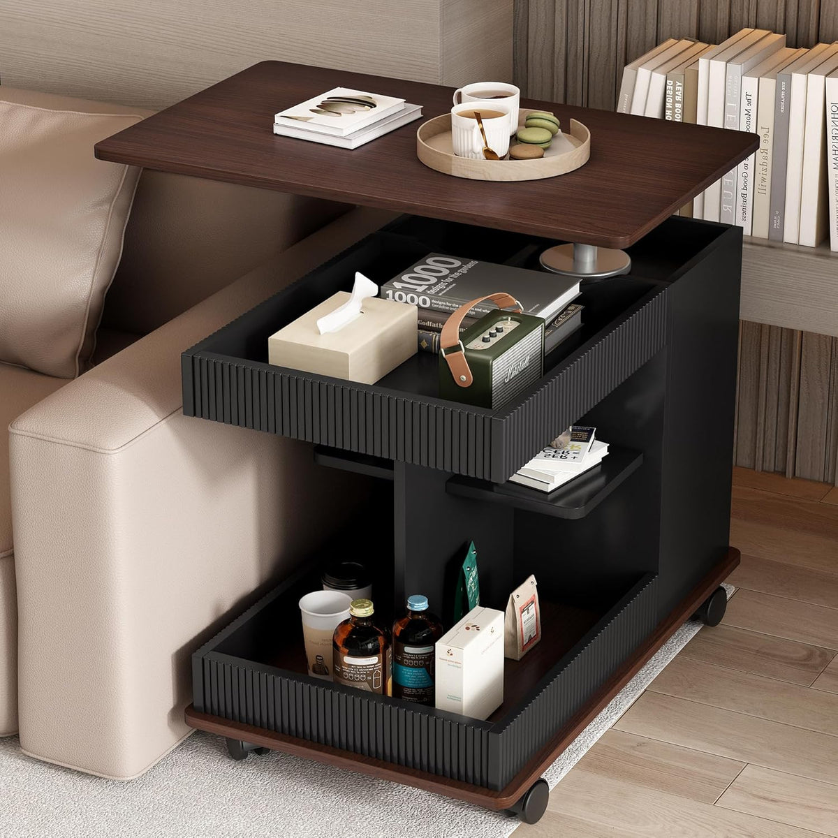 Adjustable Lift-Top End Table with Storage, 360° Rotating Design & Lockable Casters - Modern Mobile Side Table for Living Room, Bedroom, Small Spaces (Black+Brown)