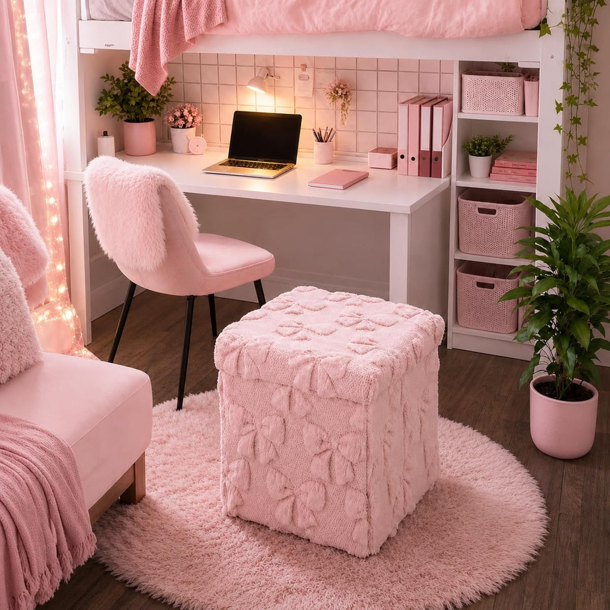 RattanView Storage Ottoman Dorm 12 Inch Pink Bow Cube Ottoman Dorm Back to School Coquette Foldable Foot Rest Stool with Lid for College Dormitory Bedroom Office