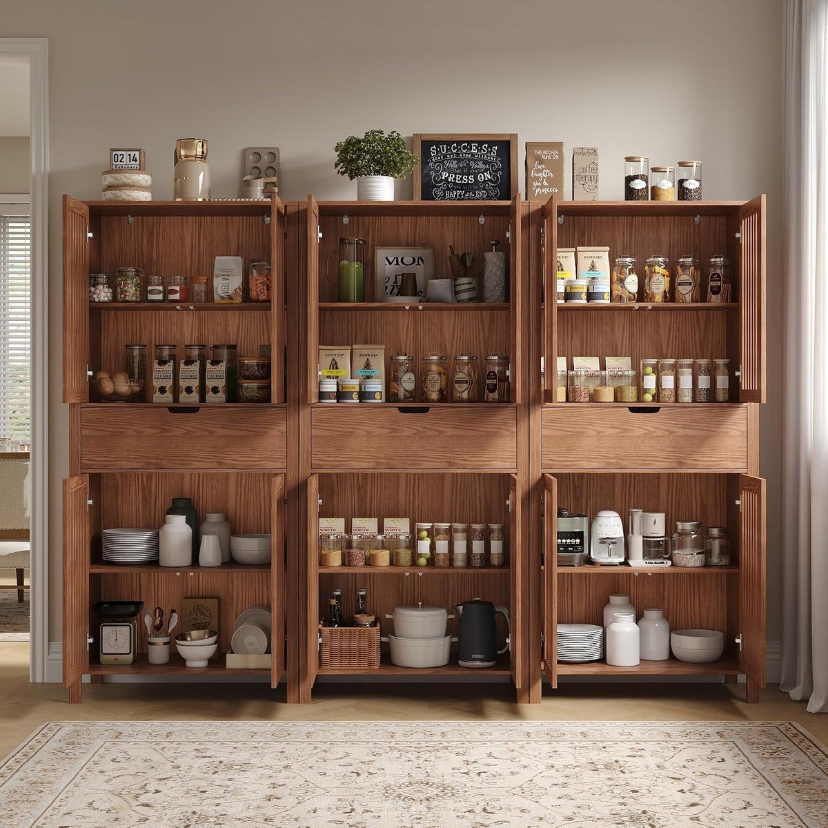 BVIUNTWO Set of 3 Farmhouse Tall Storage Cabinets, Wooden Kitchen Pantry Cupboards with Slatted Doors, Drawer & Adjustable Shelves for Kitchen, Dining & Living Room Storage, 68.8 Inch, Brown