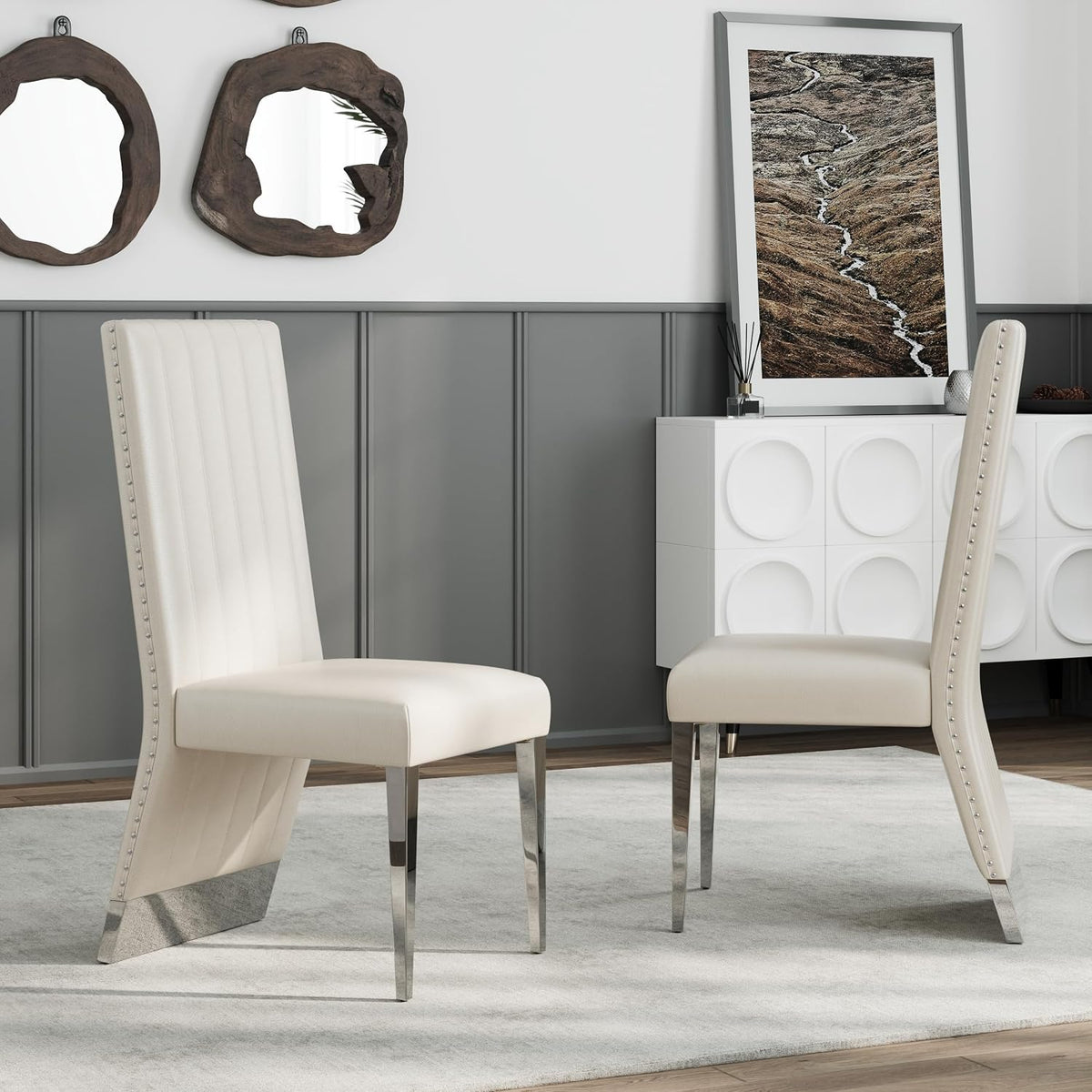 AUZ White Leather Dining Chairs Set of 6, White and Silver Upholstered Dining Room Chairs with Nailhead Trim High Back, Modern Dining Chair with Polished Silver Metal Legs