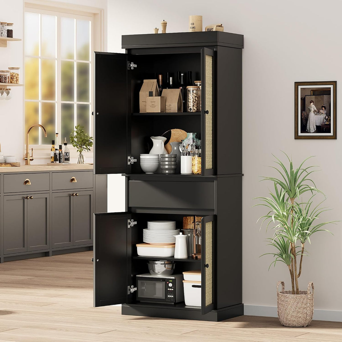 69'' Tall Pantry Cabinet - 4 Rattan Doors, Drawer, and 2 Adjustable Shelves - Freestanding Storage Cupboard for Entryway, Kitchen, Dining Room, Bathroom, or Office,Black