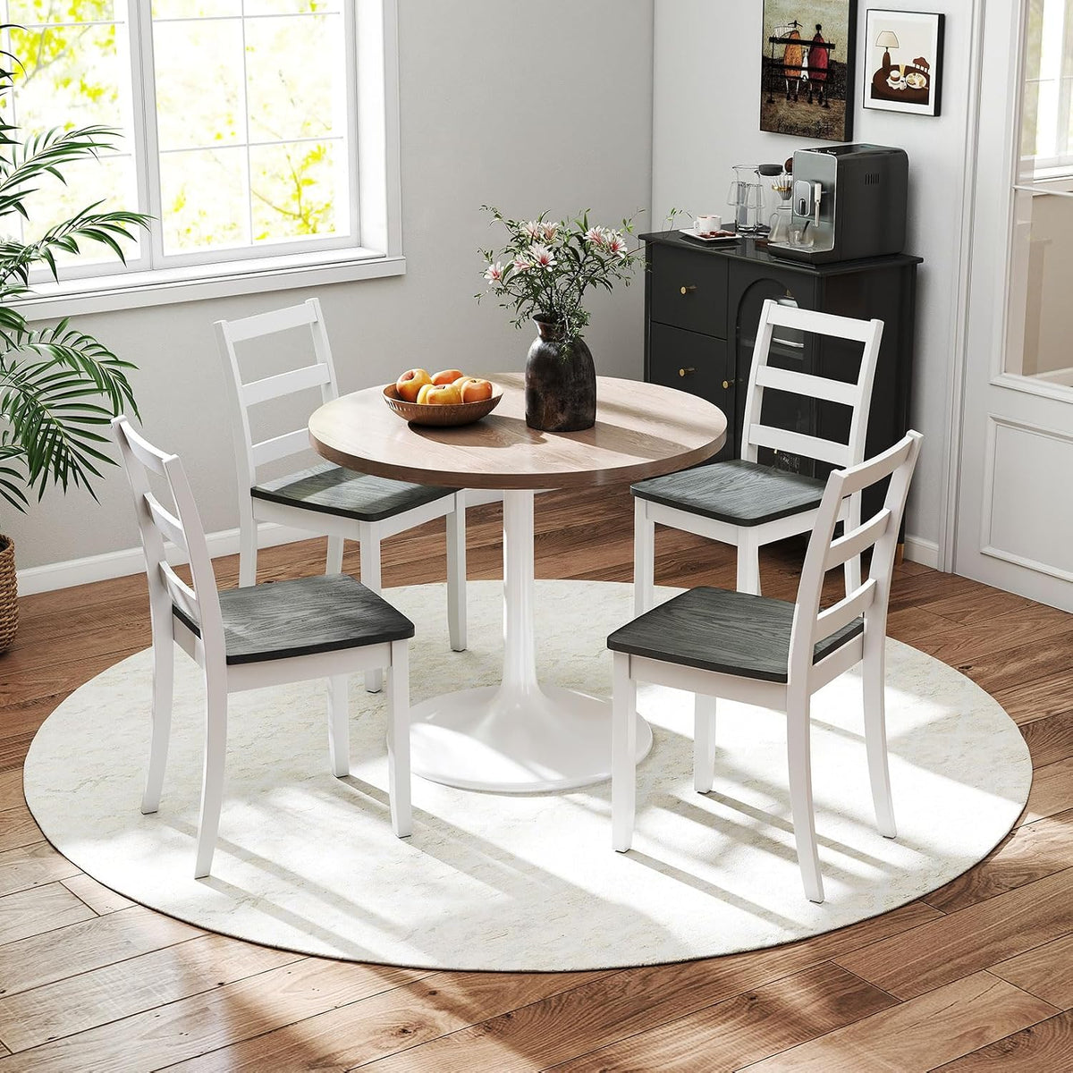 Giantex Dining Chairs, Wooden Armless Kitchen Chairs with Solid Rubber Wood Legs, Farmhouse Ladder Back Dining Chairs for Dining Room (4, White+Gray)