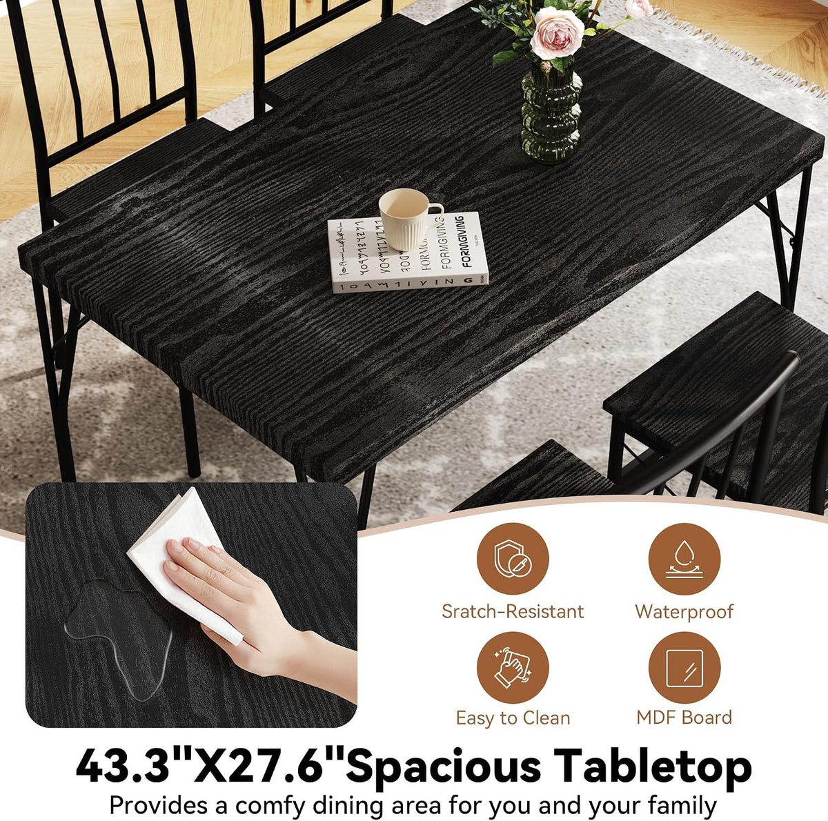 Dining Table Set for 4 with 1.6" Thick Tabletop, 5-Piece Kitchen Table Set, Space-Saving Rectangular Dining Room Kitchen Table Chair Set for Small Space,Dinette,Apartment,Rustic Black