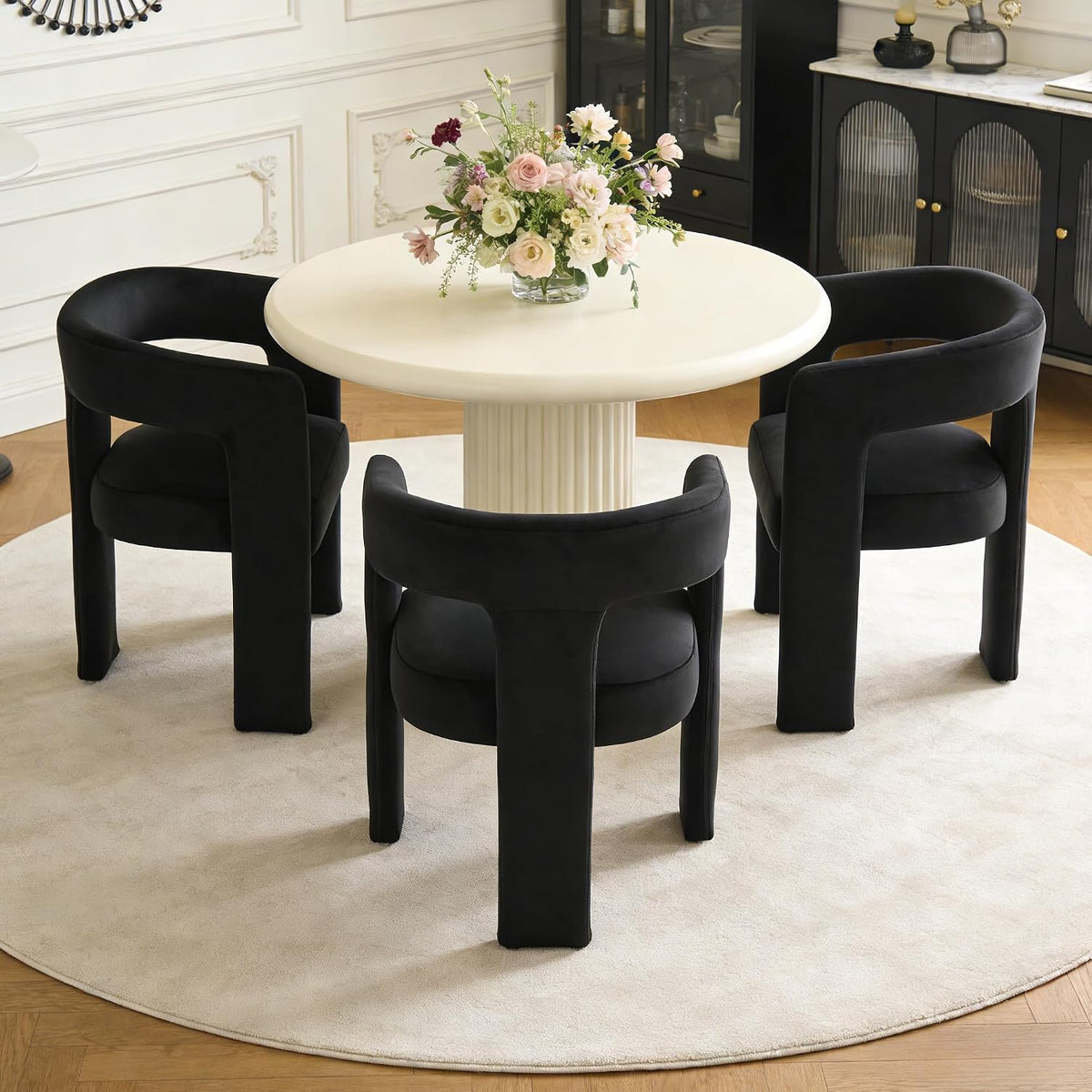 Modern Barrel Dining Chairs Set of 2, No Assembly Velvet Upholstered Dining Room Chairs with Open Back and 3 Legs, Comfy Accent Armchairs for Living Room/Bedroom/Kitchen/Reading, Black