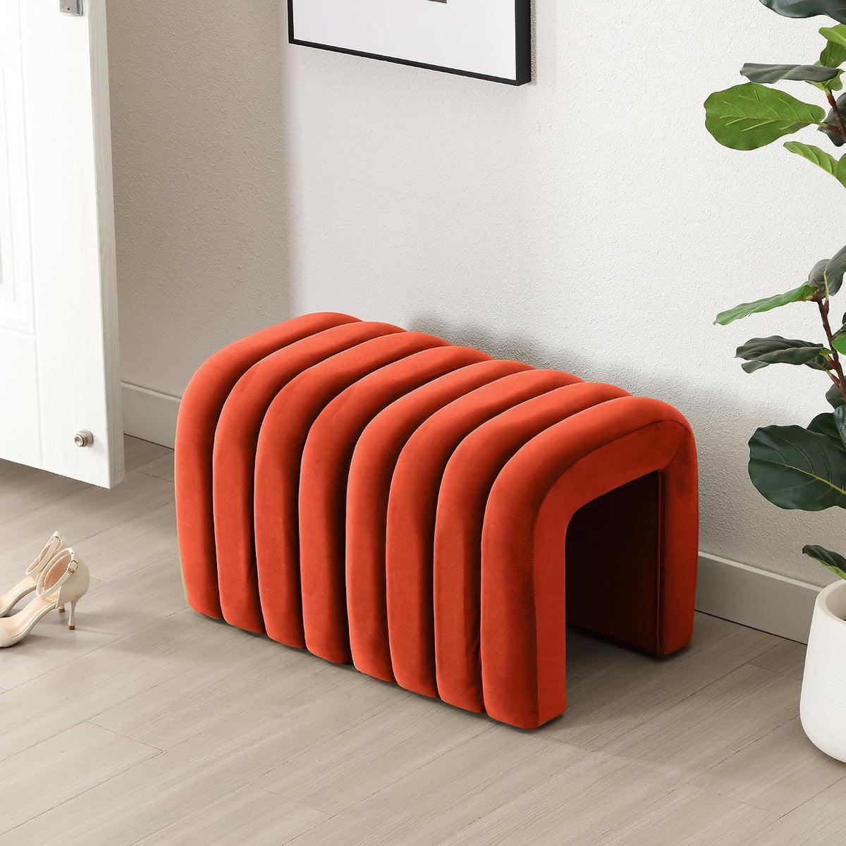 Flouki Velvet Ottoman Stools, Multifunctional Arch Ottomans, Makeup Vanity Stools, Ottomans for Bedroom, Dorm, Side Table Seat for Living Room, Entryway (Rust)