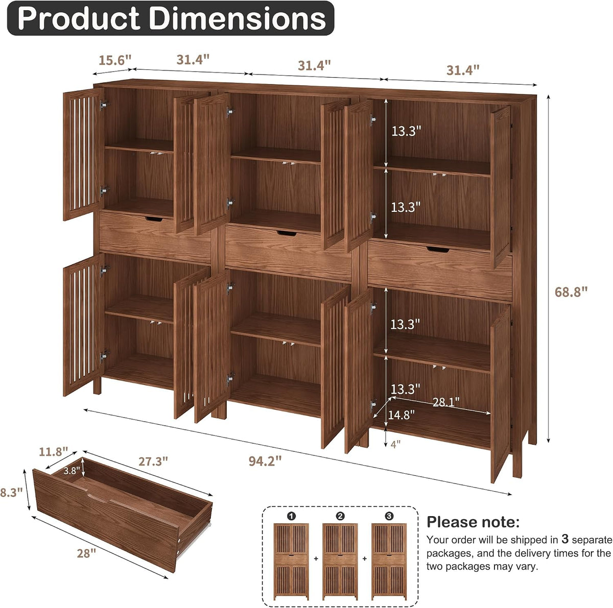 BVIUNTWO Set of 3 Farmhouse Tall Storage Cabinets, Wooden Kitchen Pantry Cupboards with Slatted Doors, Drawer & Adjustable Shelves for Kitchen, Dining & Living Room Storage, 68.8 Inch, Brown