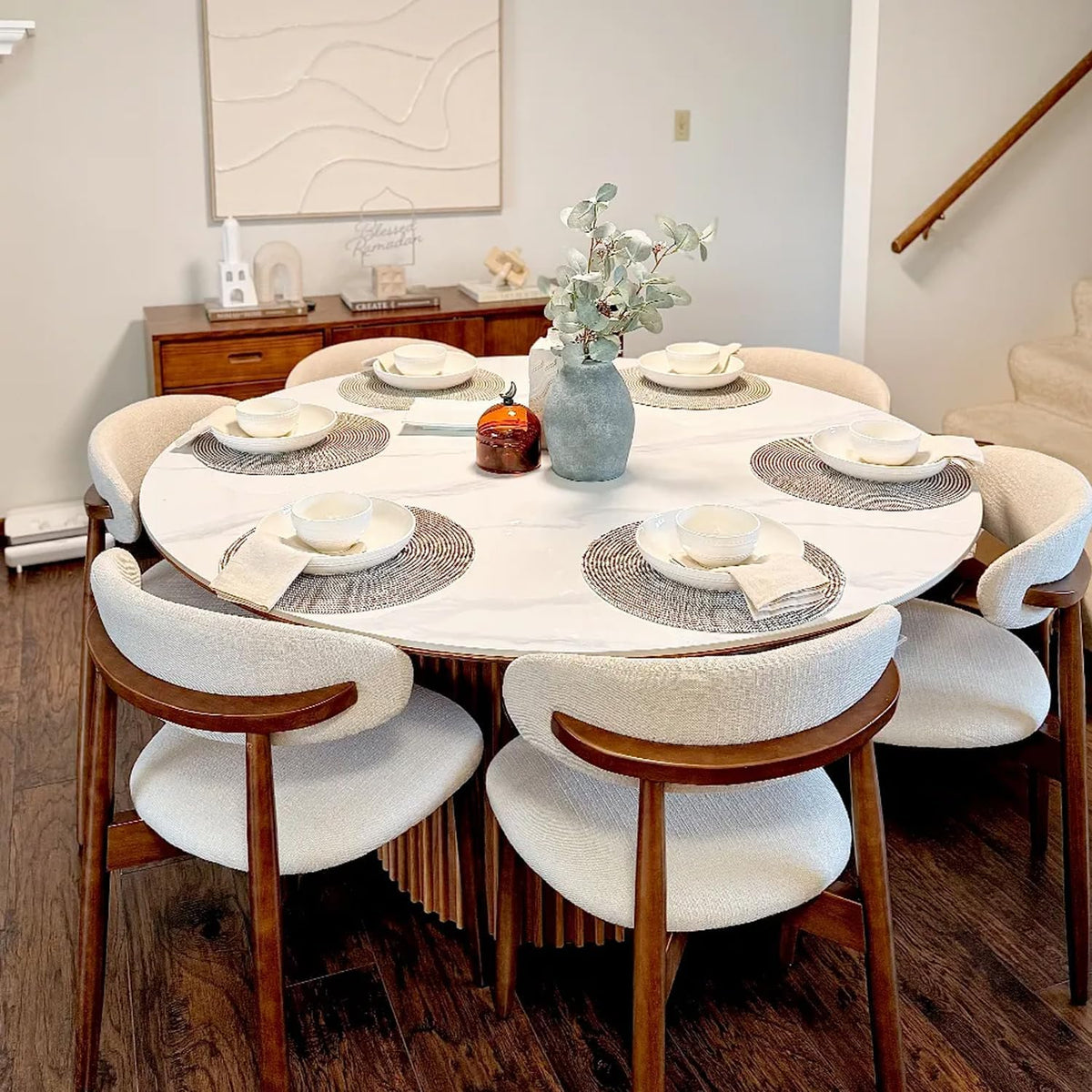 POVISON Modern Dining Chairs Set of 4, Armless Cotton Linen Dining Chair Set with Sackcloth Cushions and Dark Walnut-Coloured Ash Wood, Pre-Assembled Design