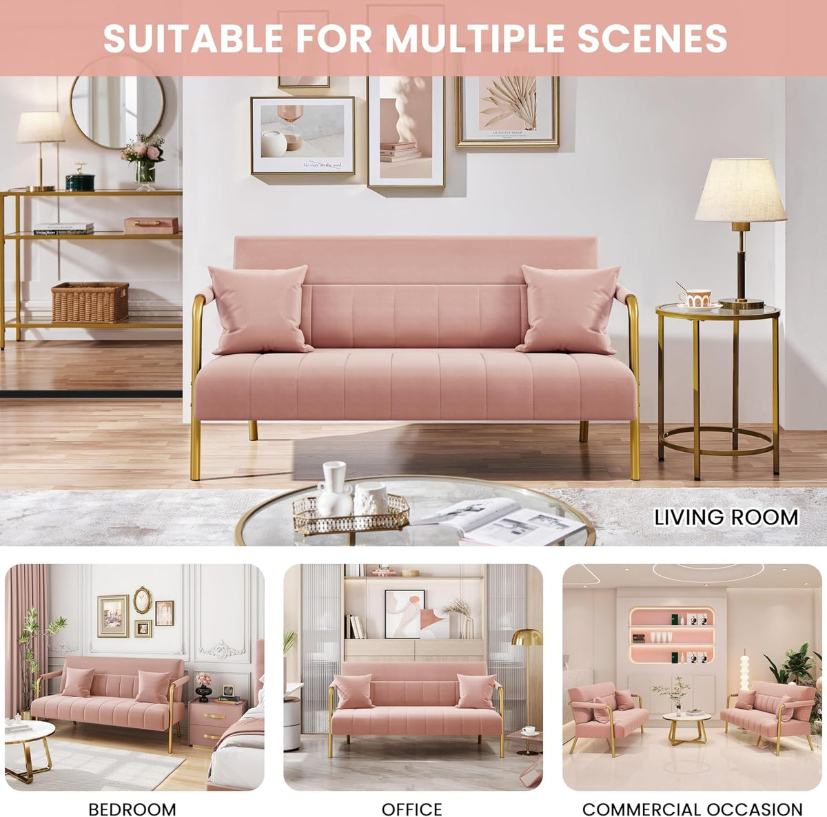 Yaheetech 56.5" Smal Sofa 2 Seater Couch with Gold-Tone Legs, Pink | Small Sofa Loveseat Velve 2 Seater Couch with Tufted Back Gold Metal Frame 2 Pillows for Office, Studio,Living Room