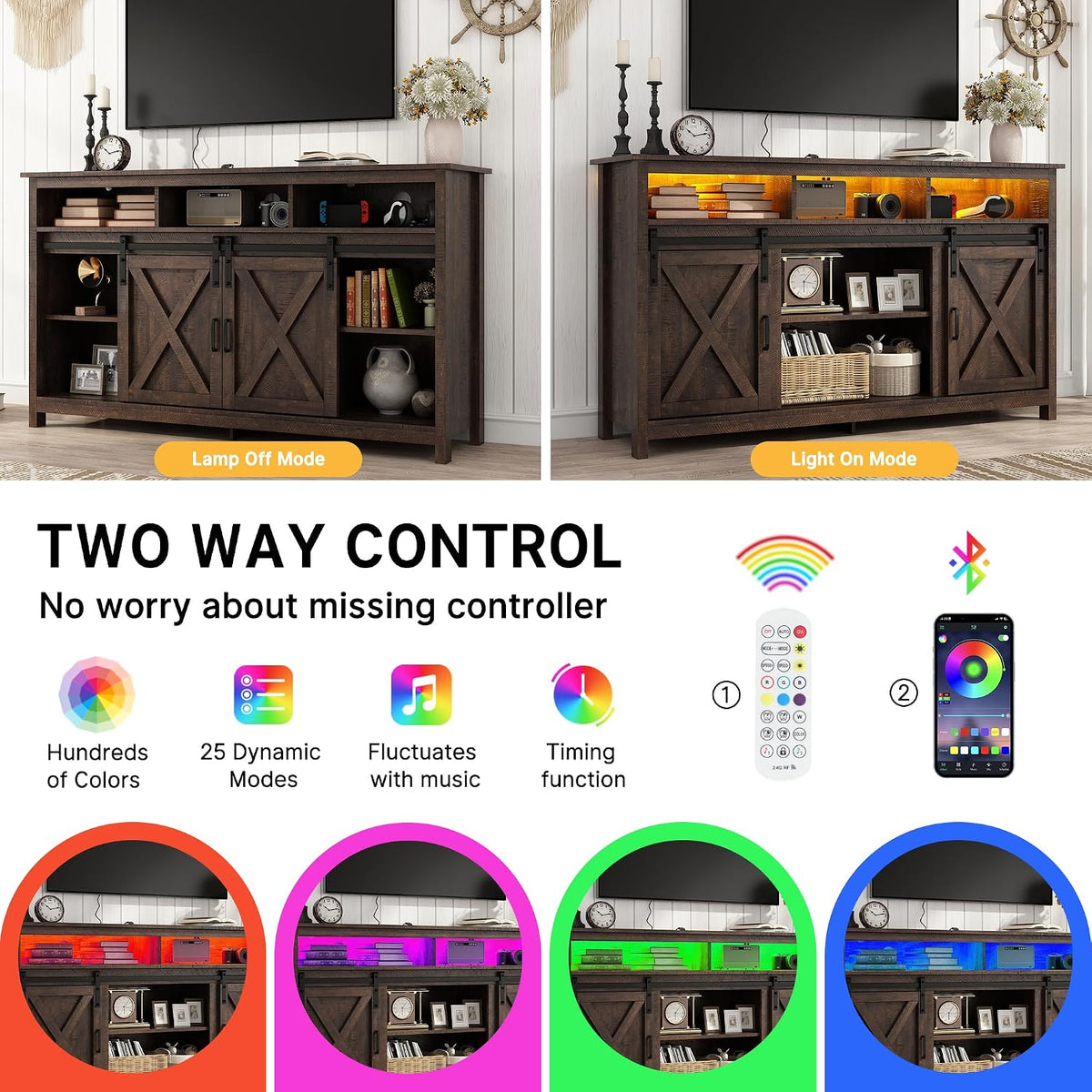 Vinctik 6&Fox 57In Wooden Farmhouse Entertainment Center for 60/65 inch TV,Double Layer Storage Farmhouse TV Stand,Double-Row Sockets with Wood Sliding Barn Door TV Stand(Double Layer Rustic Brown)