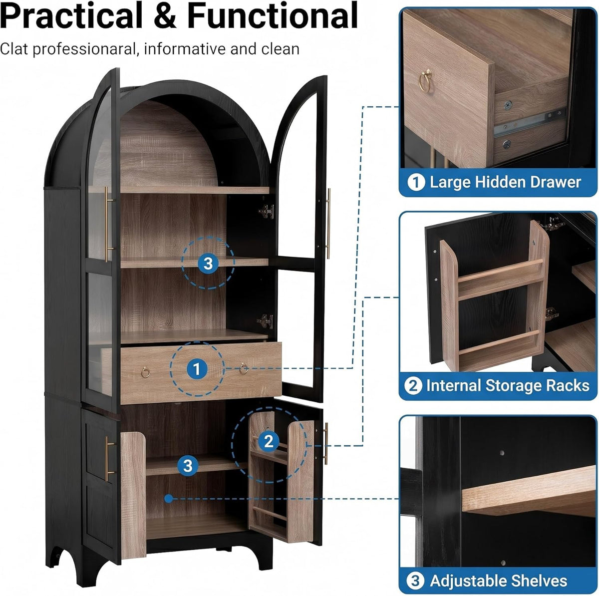 Kitchen Pantry Cabinet, 71" Tall Arched Kitchen Storage Cabinet Wood Farmhouse Kitchen Storage Cabinets with Glass Door, Adjustable Shelves, Hidden Drawer Versatile Cupboard for Kitchen (BLACK)