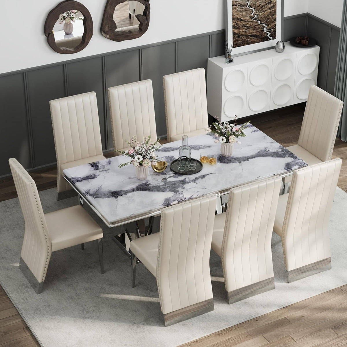 AUZ White Leather Dining Chairs Set of 6, White and Silver Upholstered Dining Room Chairs with Nailhead Trim High Back, Modern Dining Chair with Polished Silver Metal Legs