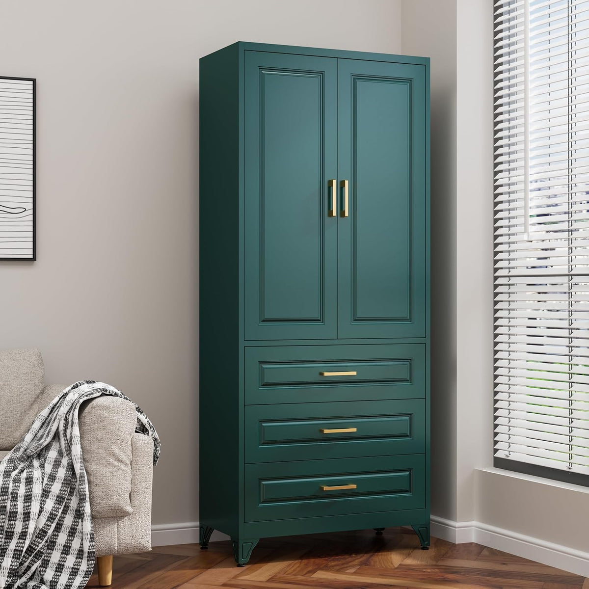 75" Metal Pantry Storage Cabinet with 3 Drawers, Green | Premium Cold-Rolled Steel Frame, Luxury Gold Handles, Adjustable Inner Shelves, Magnetic Doors, Anti-Tipping Kit