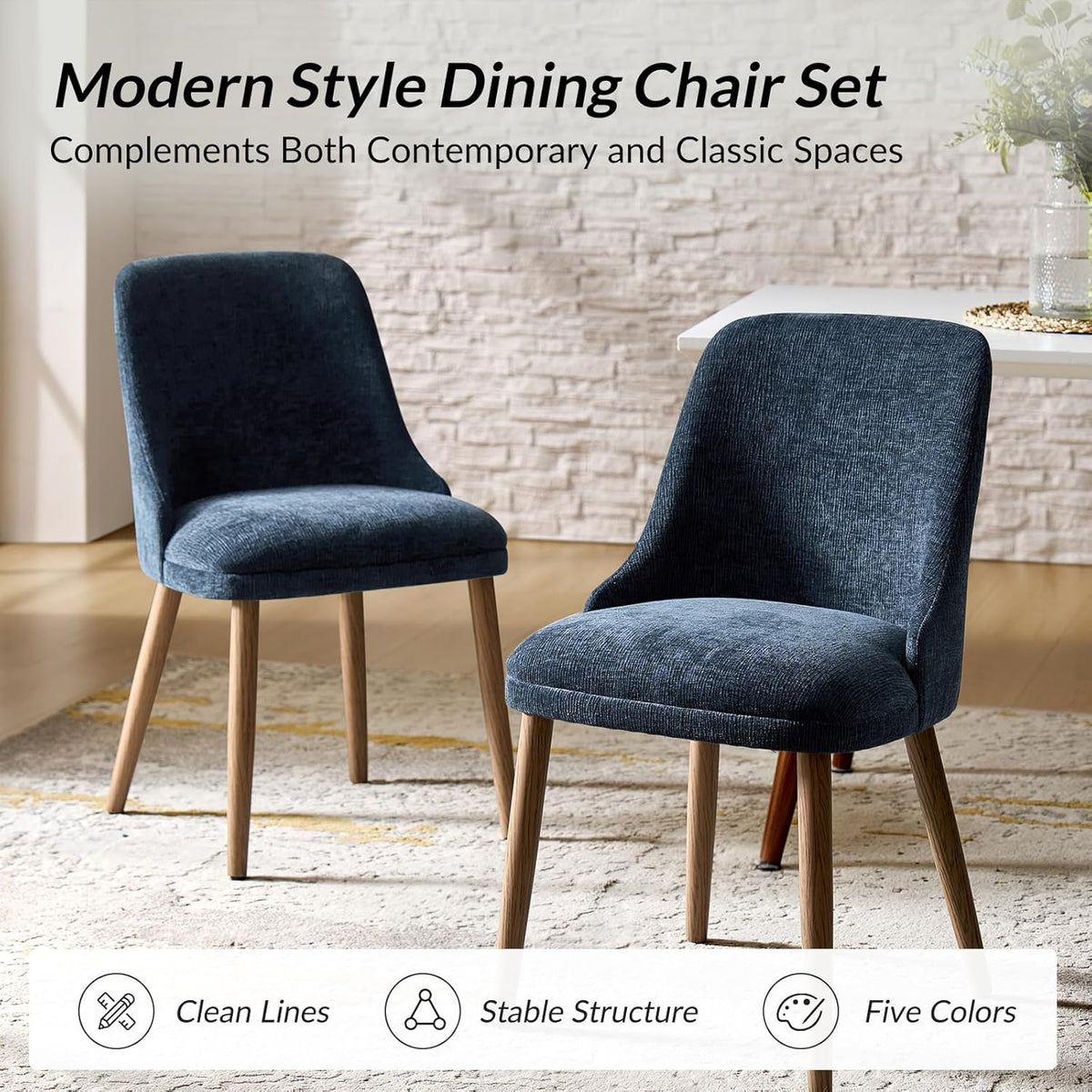 HULALA HOME Dining Chairs Set of 2, Navy Fabric Upholstered Dining Room Chairs Set with Solid Wood Legs, Paded Back, Modern Kitchen Accent Chairs for Living Room Bedroom Reception