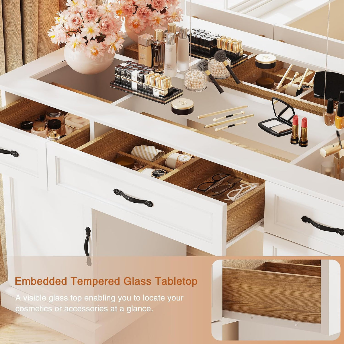 Vanity Table with Mirror and Lights, 55" Large LED Makeup Mirror with 3 Color Modes, Modern Dressing Table with Drawers and Cabinets, HD Glass Top Beauty Desk for Bedroom, Gift for Women
