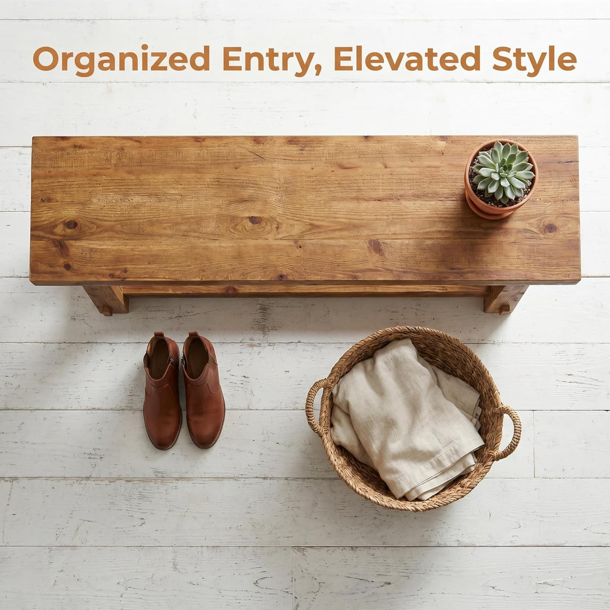 55" Solid Wood Entryway Bench with Shoe Storage, Rustic Wood Grain Shoe Rack Window Bench Seat for Foyer, Hallway, Mudroom, Bedroom, Easy Assembly (Rustic Wood)