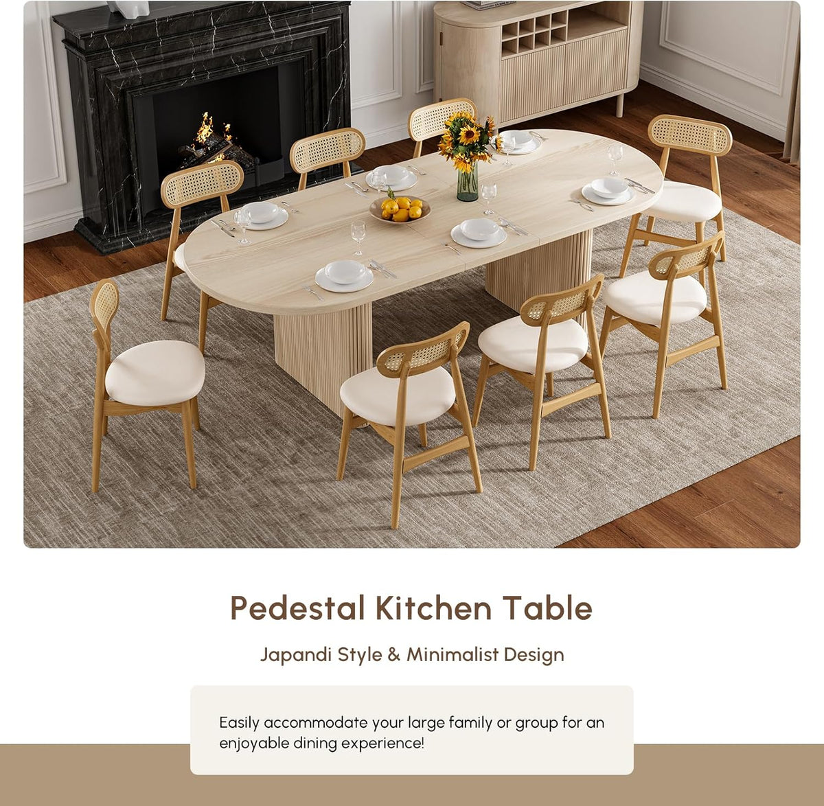 homary Oval Extendable Dining Table 79"–94", Japandi Wooden Dining Table for 6–10, Solid Wood Kitchen & Dining Room Table with Double Pedestal Base (Table Only)