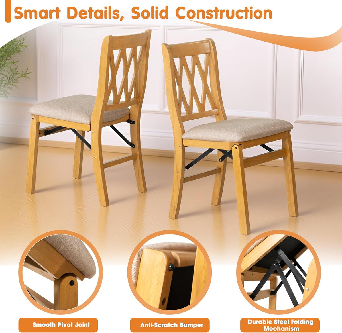 East West Furniture - PNC-OAK-03, A Solid Wood Plano Folding Dining Room Chairs with PU Leather Seat, 3-X Back Design, No Assembly Required, Set of 2, Oak Wood Finish