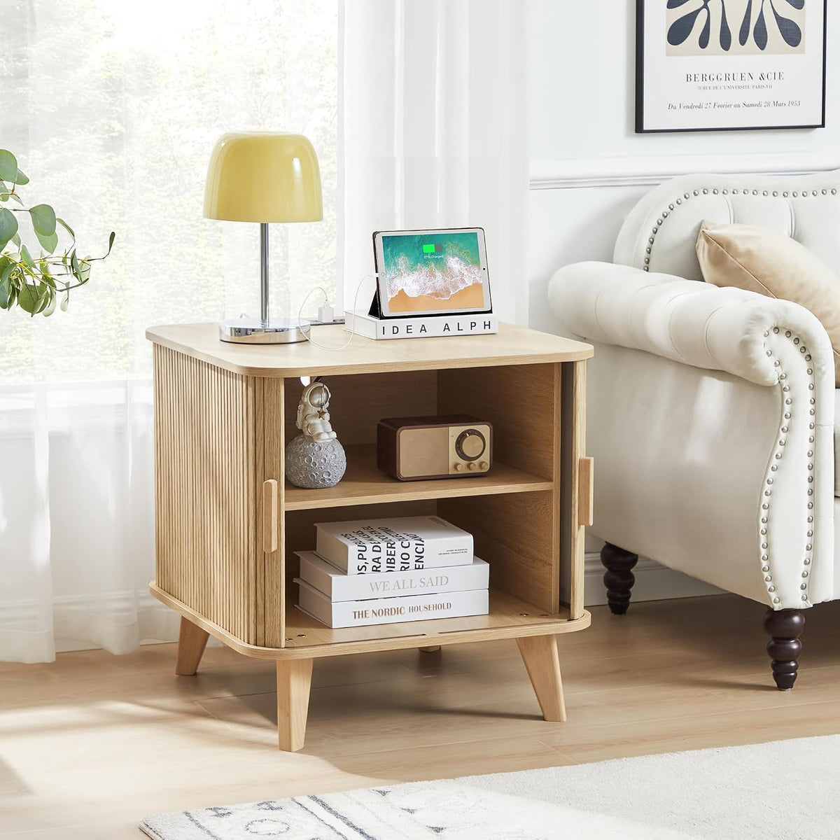Nightstands Set of 2, 24 Inch Mid-Century Fluted End Table with Charging Station, Farmhouse Wood Side Table with Storage & Sliding Door for Sofa, Couch, Bed (2XSquare, Natural)