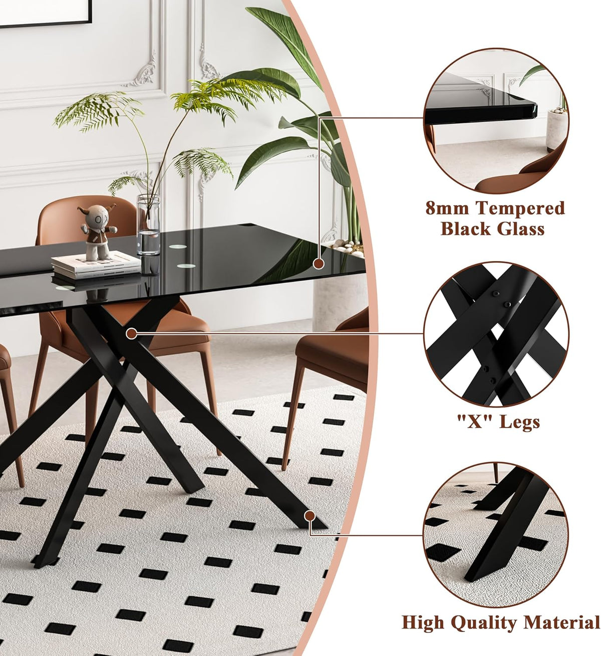 51.2" Glass Dining Table for 2-4 People, Modern Kitchen Table with Black Chromed Legs, Rectangular Dinner Table for Small Space, Apartment, Office, All Black