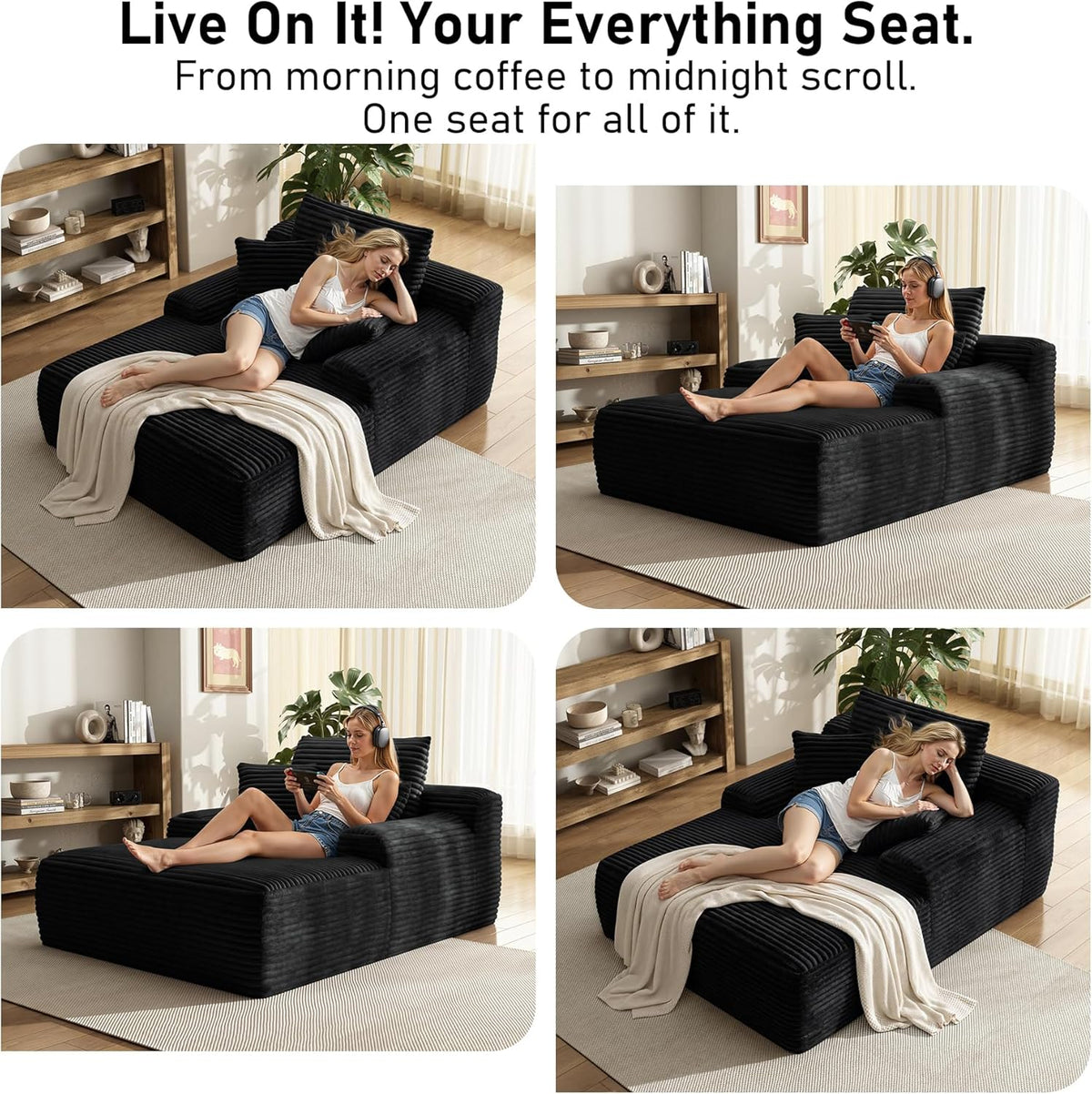 65'' Chaise Lounge Chair Indoor, Black Corduroy Sofa Bed, Lounge Chair, Oversized Sleeper Sofa, Black Corduroy Cloud Couch Reading Chair for Living Room No Assembly