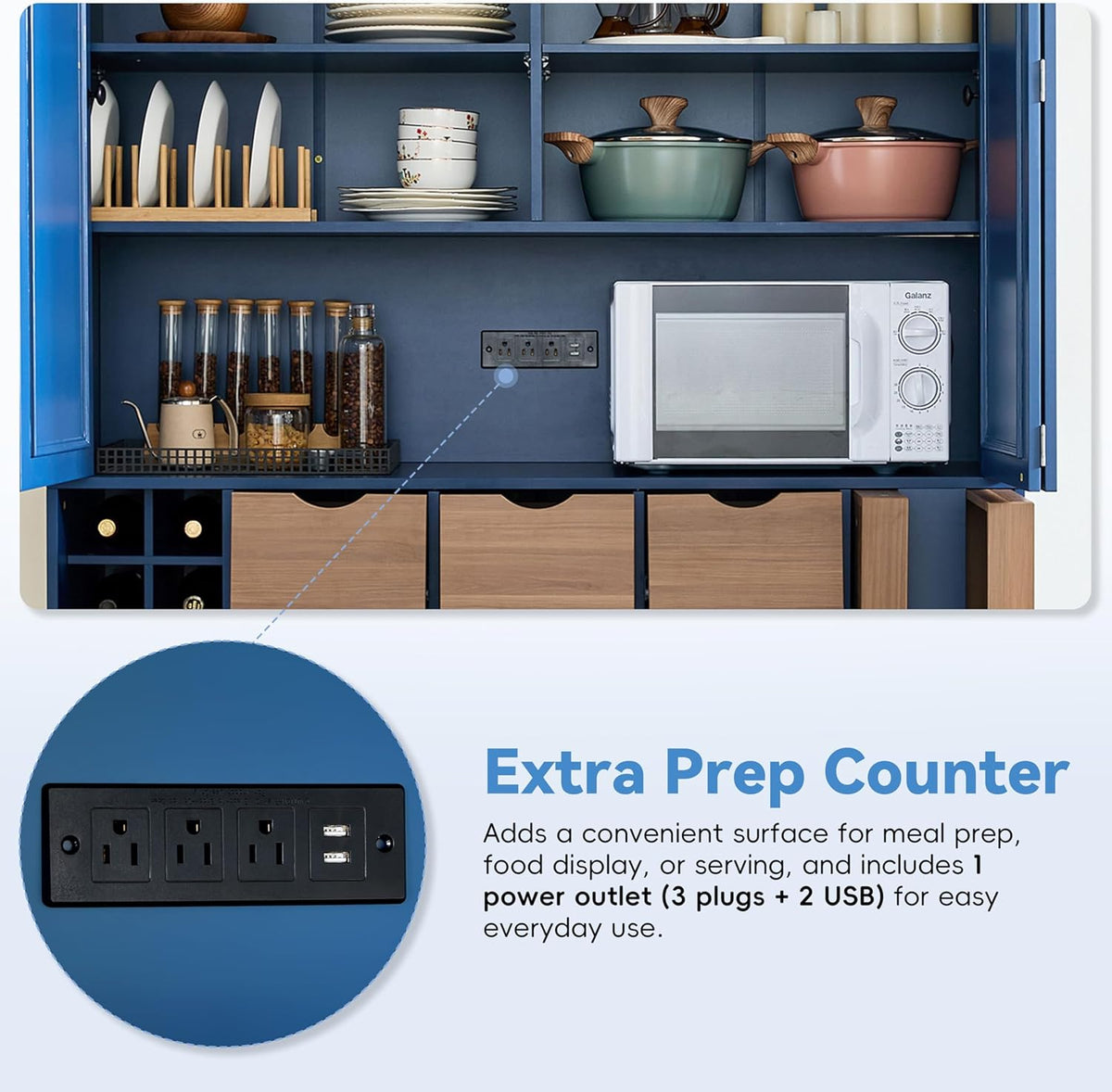 71" Tall Kitchen Pantry Storage Cabinet with 4 Foldable Doors, Freestanding Large Cupboard with Power Outlet, Adjustable Shelves and Wine Racks for Dining Room, Kitchen, Blue