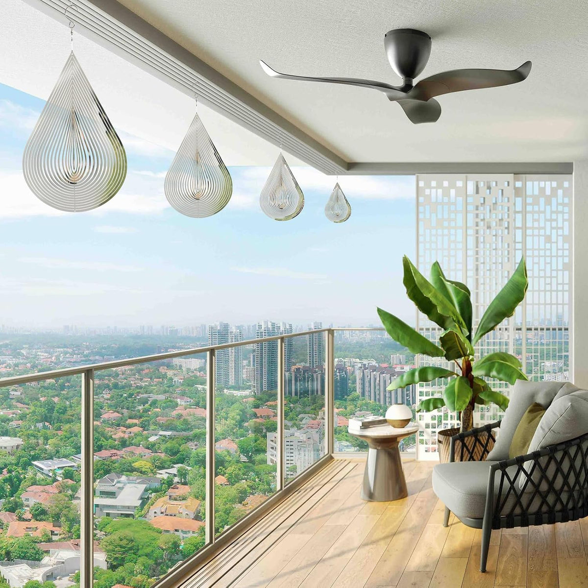 Wind Spinner Flowing-Light Effect Courtyard Decorations Made of Stainless Steel House Hanging Decoration 12“x 8“ Spinners with a 360° Rotating Hook (1 pc Water Drop-Silver)