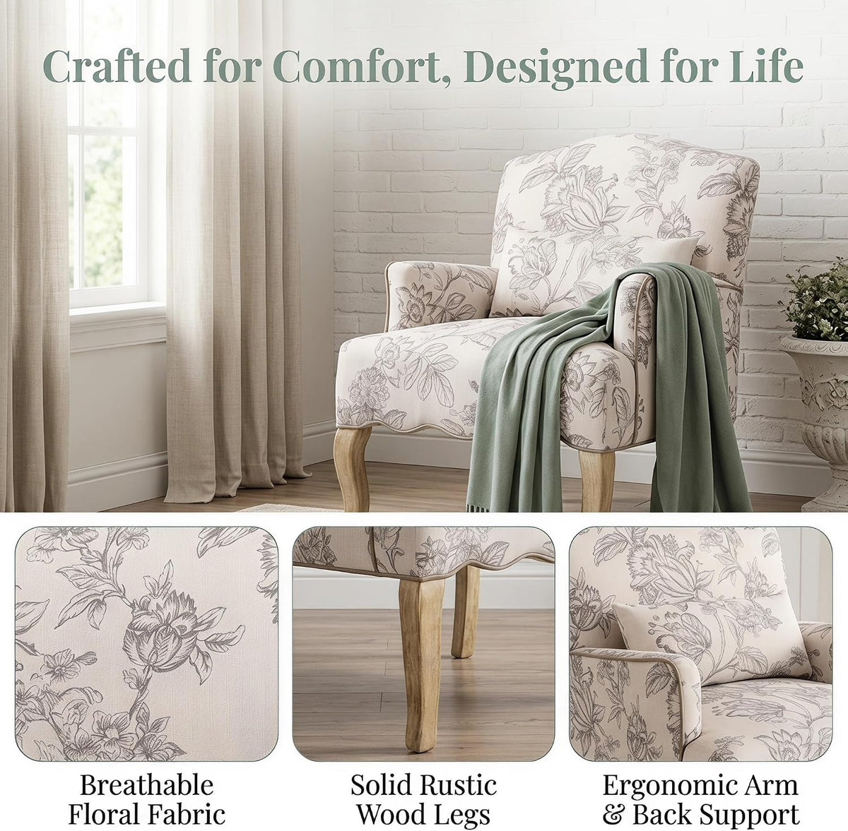 Shunzhi Floral Accent Chairs Farmhouse Upholstered Armchair Linen Reading Chair Mid Century Modern Single Sofa Chair with Pillow for Bedroom/Living Room/Fireplace, Beige, 1PC