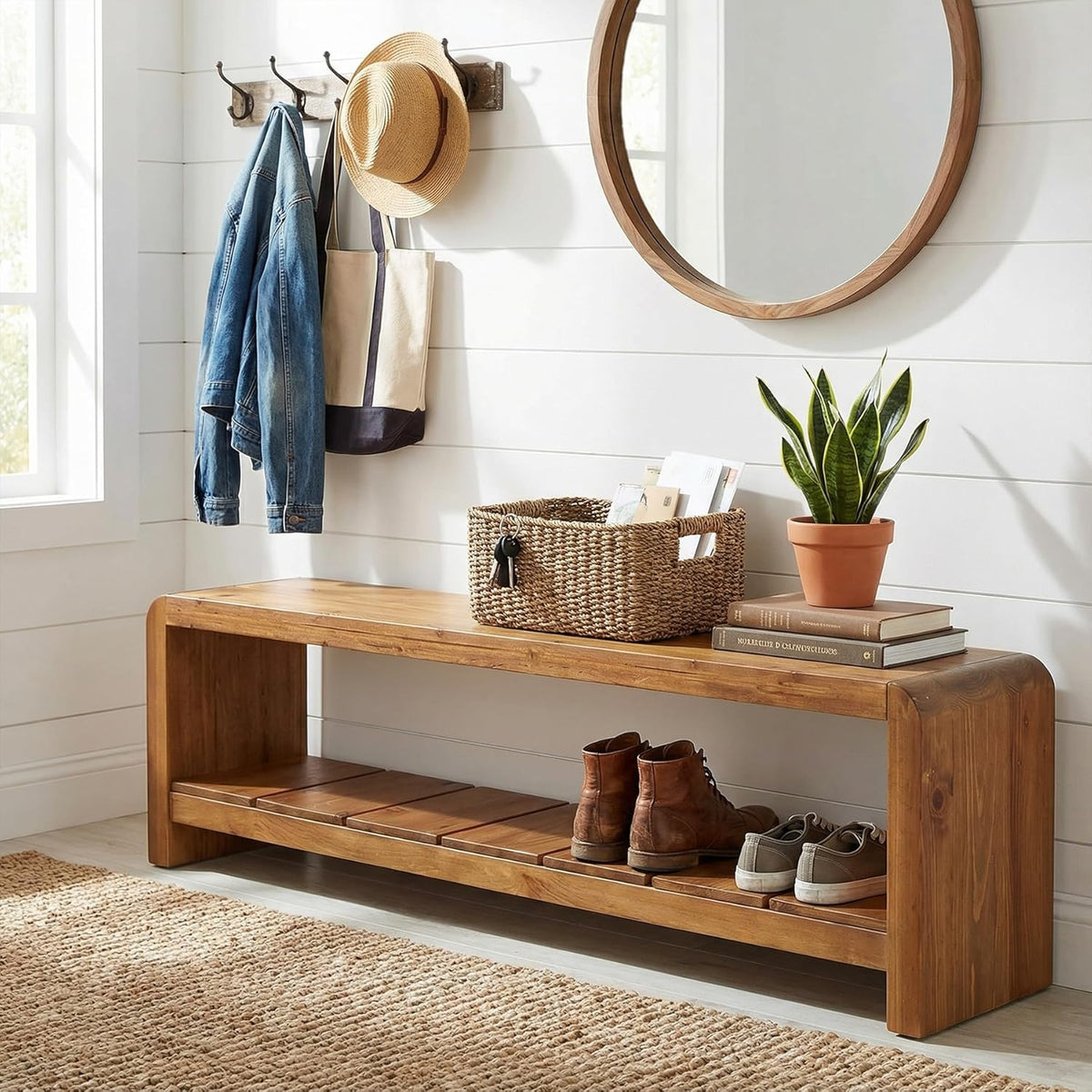 Solid Wood Entryway Bench with Shoe Storage, 59.06-Inch Long Shoe Bench with Open Shelf, Farmhouse End of Bed Seating for Hallway, Foyer, Bedroom, Walnut Brown