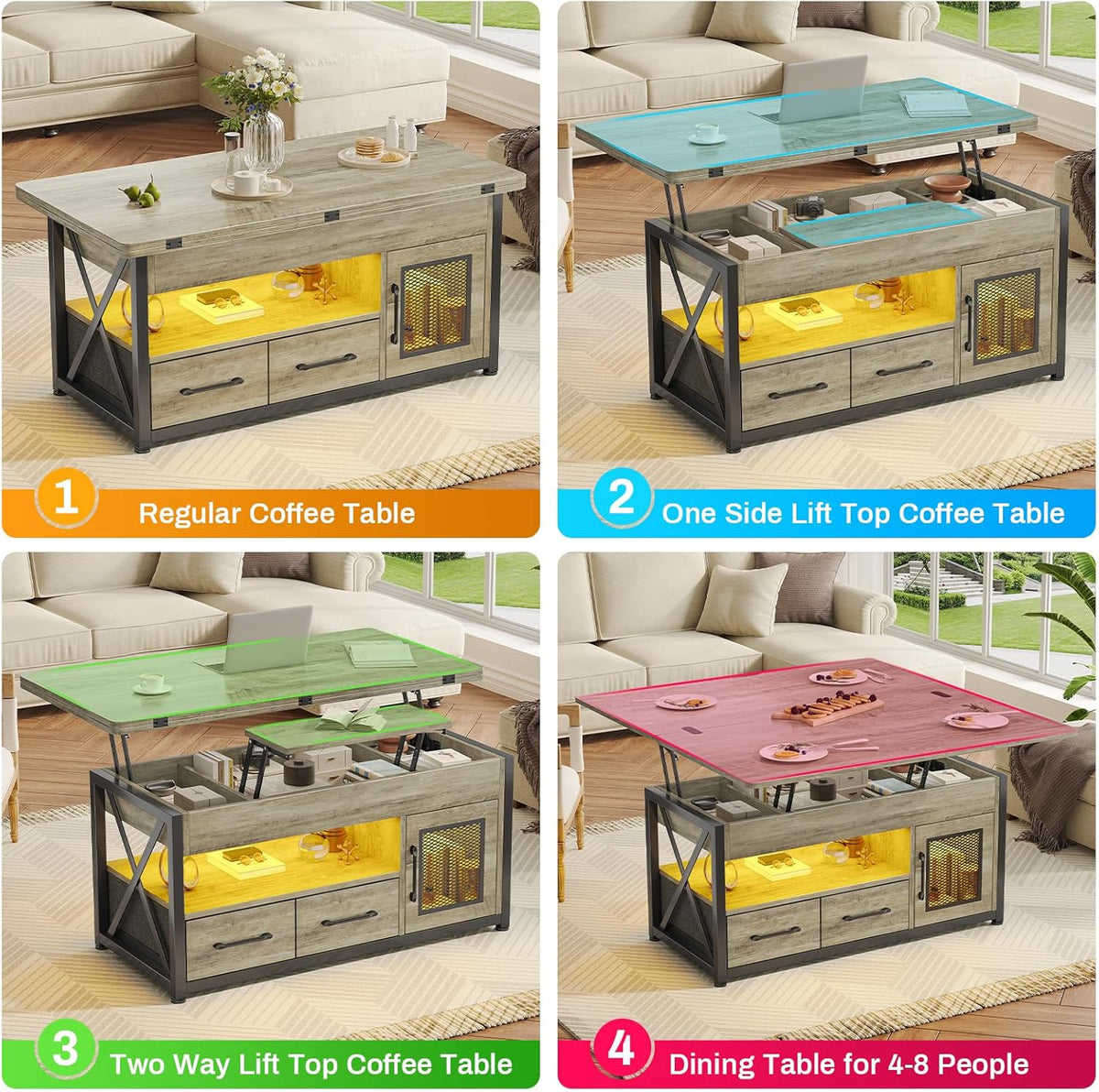 Itaar 40" Lift Top Coffee Table, 4 in 1 Coffee Tables with Storage Cabinet for Living Room, Small Farmhouse Coffee Table with 2 Fabric Drawers & LED Light for Dining Room, Grey