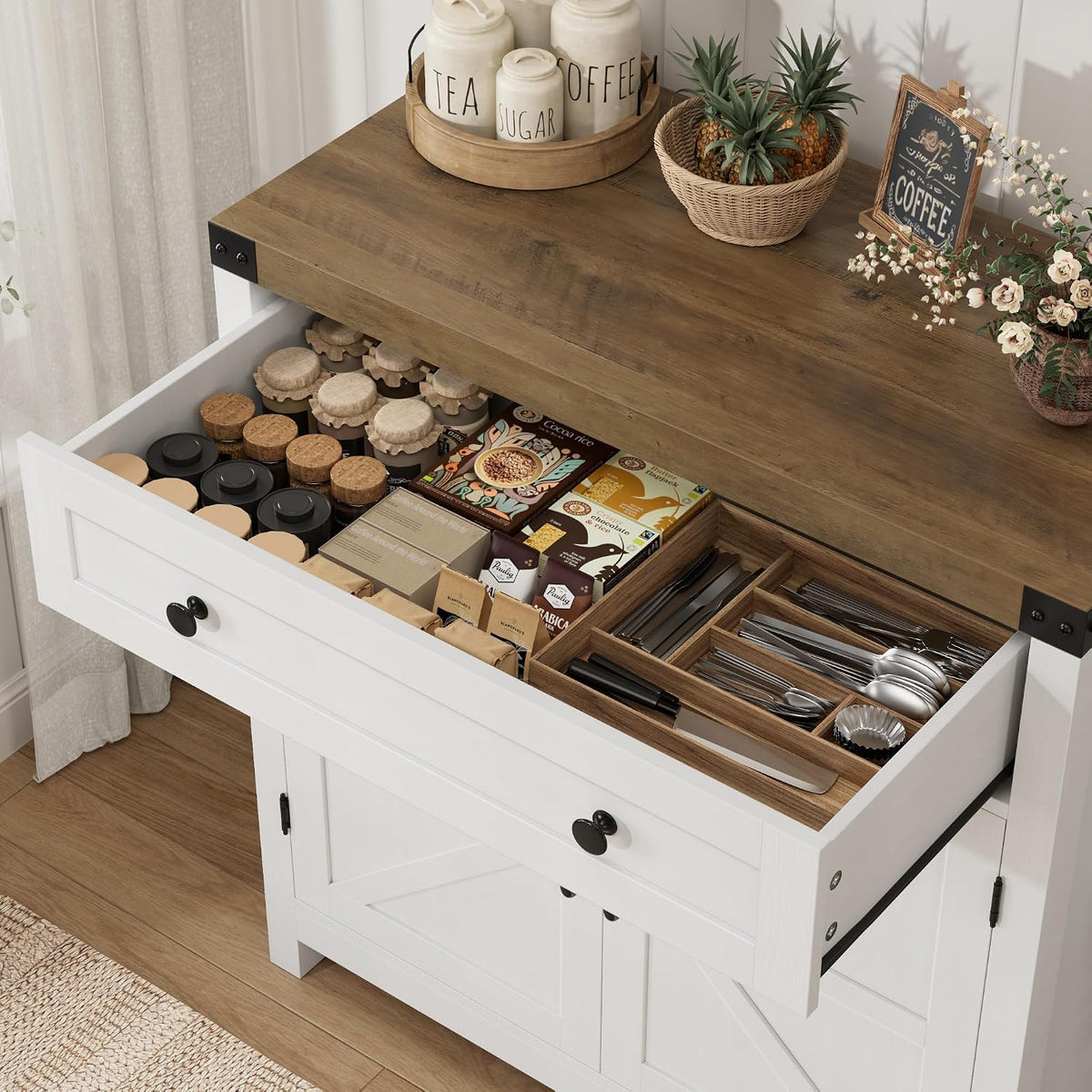 HOSTACK 31.5"W Kitchen Storage Cabinet, Farmhouse Coffee Bar Cabinet, White | Small Buffet Cabinet with Doors & Wide Drawer, Wood Sideboard Buffet, Entry Table w/ Adjustable Shelf for Dining Living Room