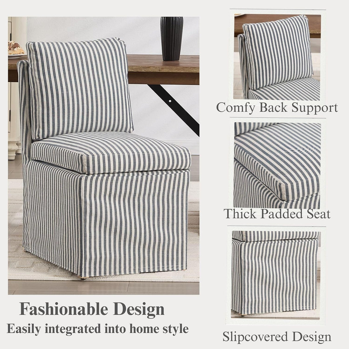 Slipcovered Dining Chairs Set of 2, Farmhouse Upholstered Dining Chair with Solid Wood Legs, Soft Padded Armless Side Chair for Dining/Living/Reading Room, Banquet, Blue Stripe