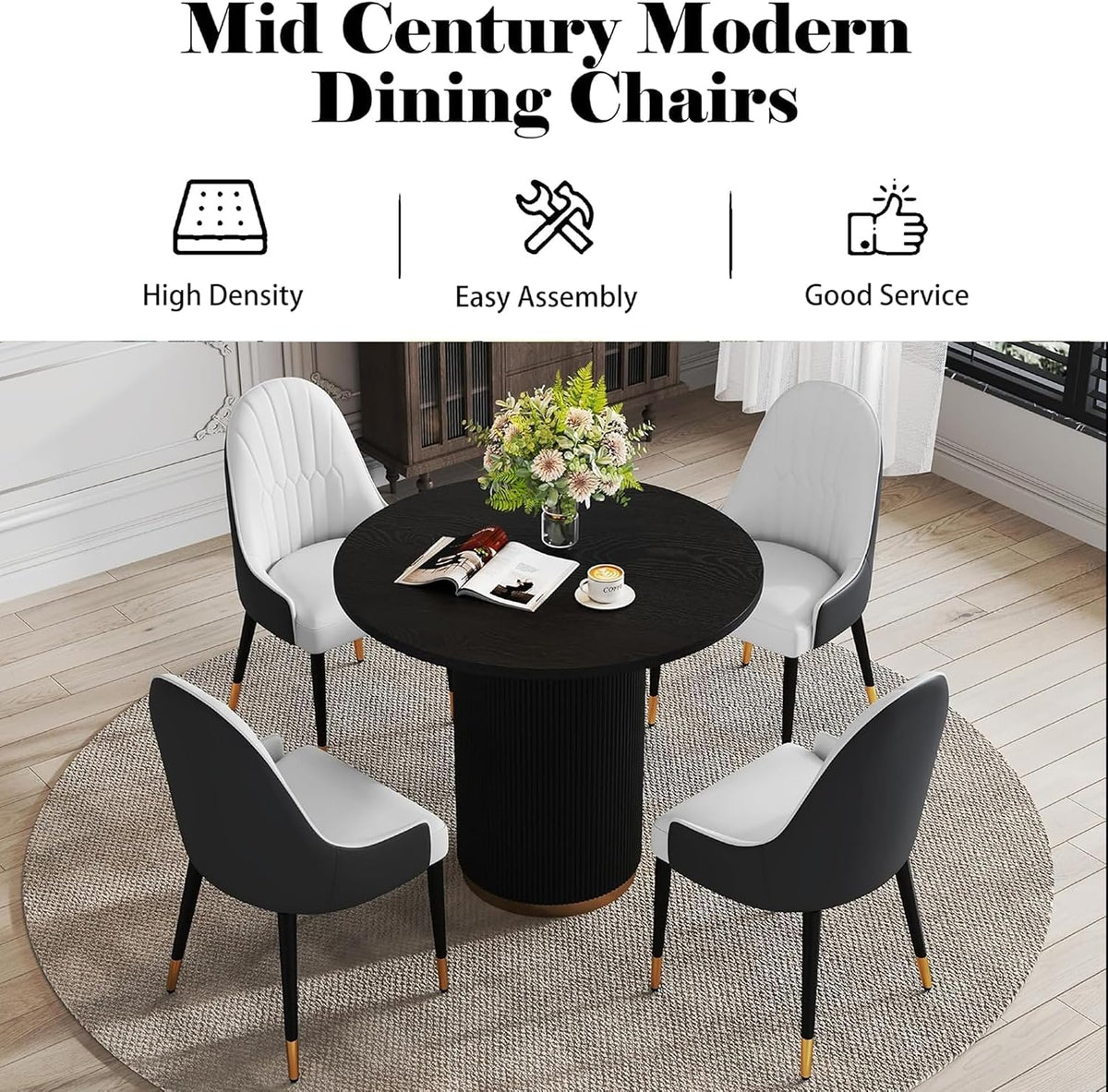 AF ARTISAN FURNITURE Black White Dining Chairs Set of 2 with High Backs Mid Century Modern Kitchen Dining Room Chairs PU Faux Leather Upholstered Large Padded Accent Chair with Legs