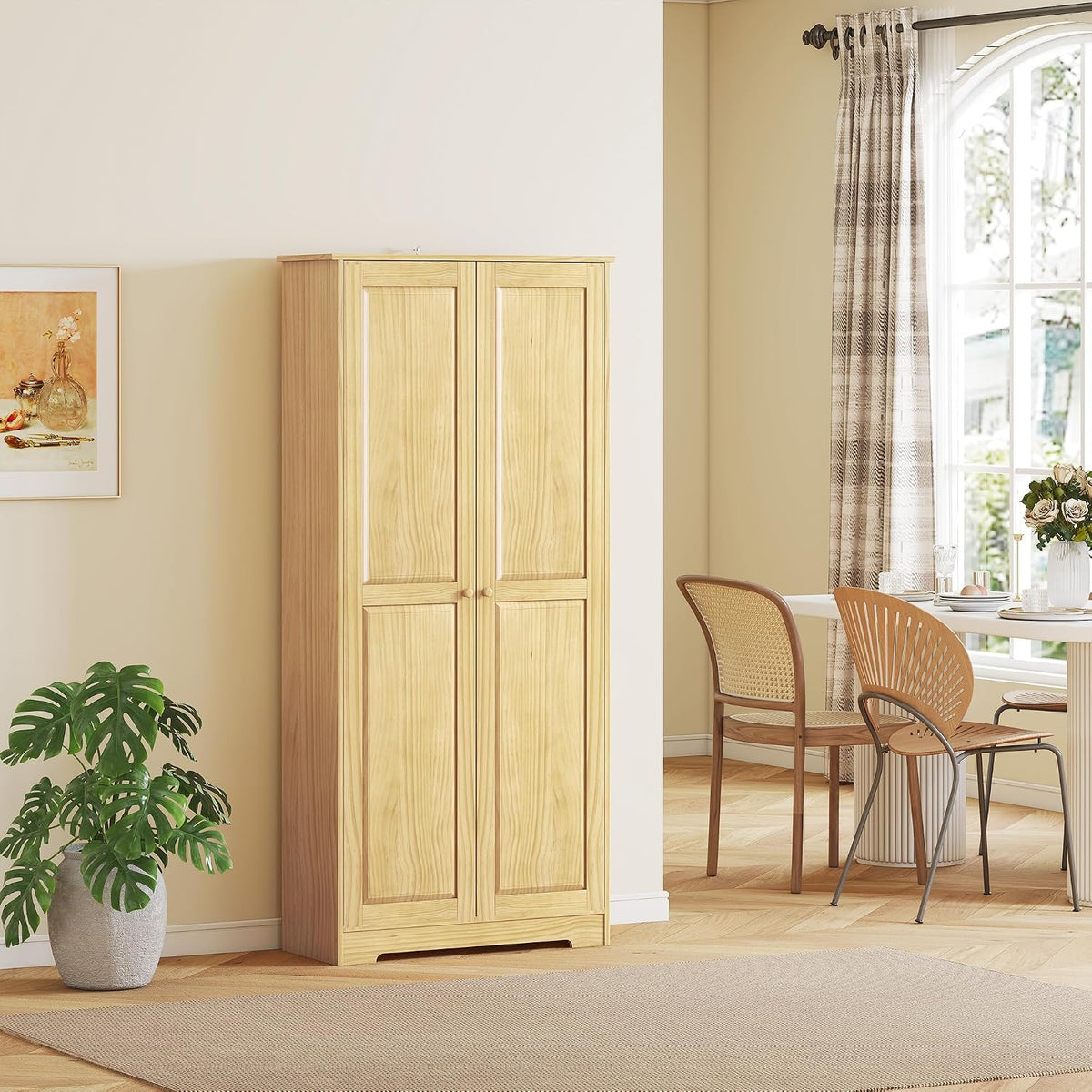 HOMCOM 67" Pinewood Kitchen Pantry Storage Cabinet, Freestanding Cabinets with Adjustable Shelves, Solid Wood Food Pantry with Soft-Close Doors for Living Room Dining Room, Light Brown