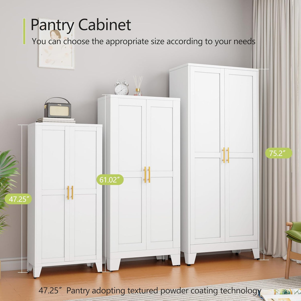 GAIOUS Metal Pantry Cabinet, Kitchen Pantry Storage Cabinets with 2 Door | and 3 Adjustable Shelves, White Kitchen Pantry Cabinet, Freestanding Cupboard for Dining Room Living Room Bathroom